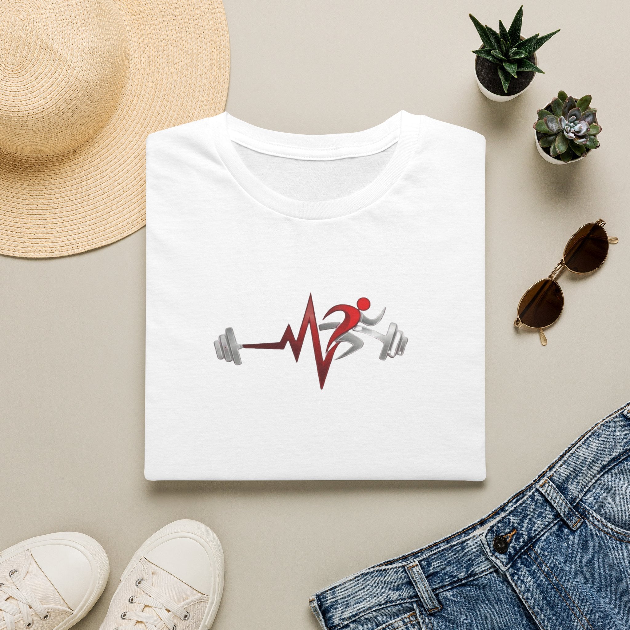 Fitness Heartbeat T-Shirt — Runner & Barbell Pulse Gym Tee