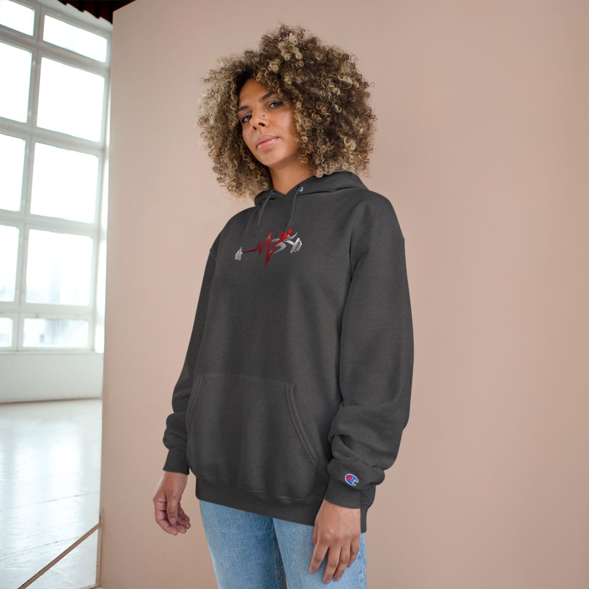 Pulse Fitne55 Champion Hoodie — Minimal Fitness Hoodie with Pulse Fitne55beat & Barbell Graphic
