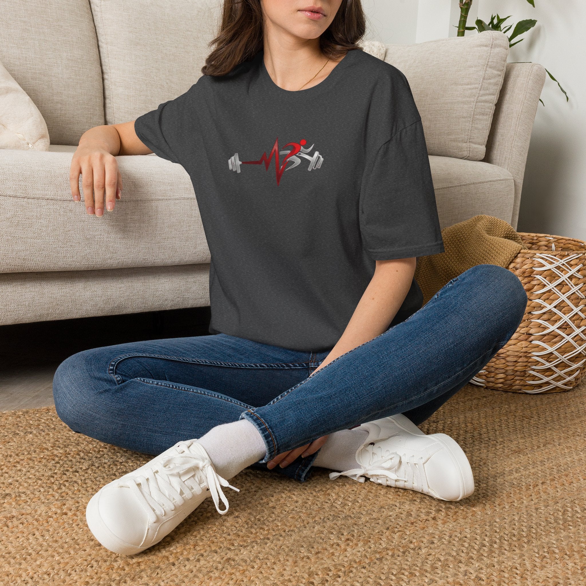 Fitness Heartbeat T-Shirt — Runner & Barbell Pulse Gym Tee