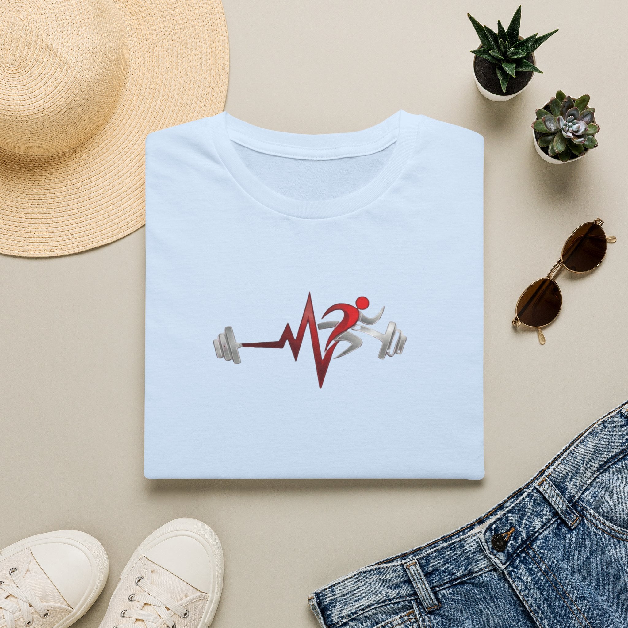 Fitness Heartbeat T-Shirt — Runner & Barbell Pulse Gym Tee