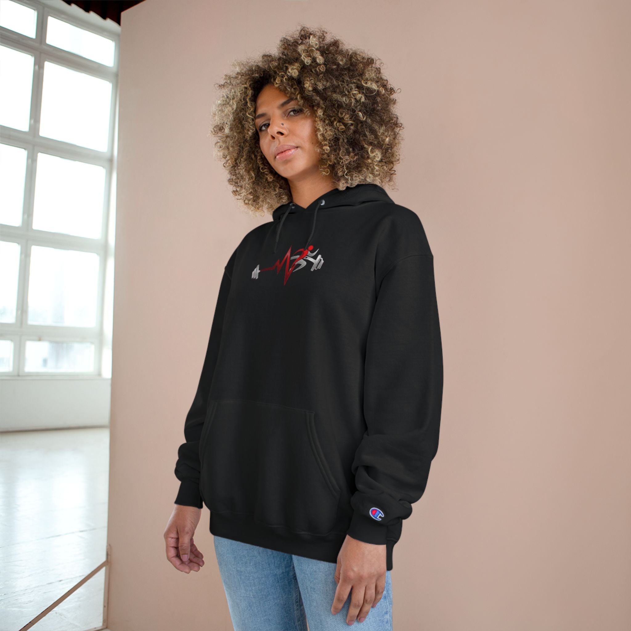 Pulse Fitne55 Champion Hoodie — Minimal Fitness Hoodie with Pulse Fitne55beat & Barbell Graphic