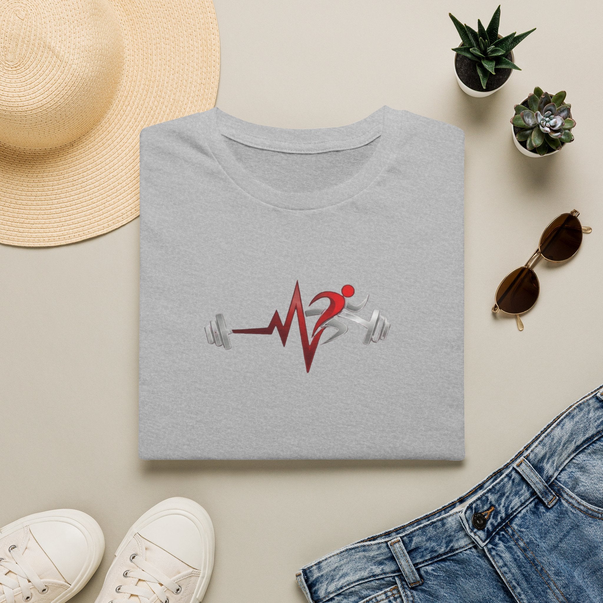 Fitness Heartbeat T-Shirt — Runner & Barbell Pulse Gym Tee