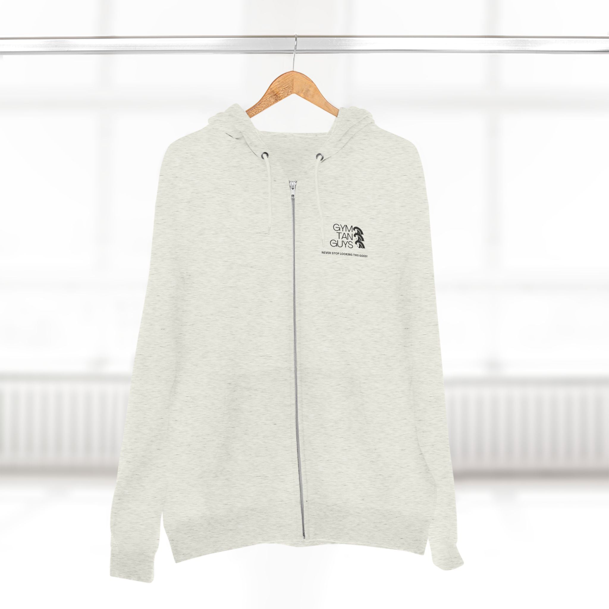 Womens Gym Tan Zip Hoodie — "Never Stop Looking This Good" logo