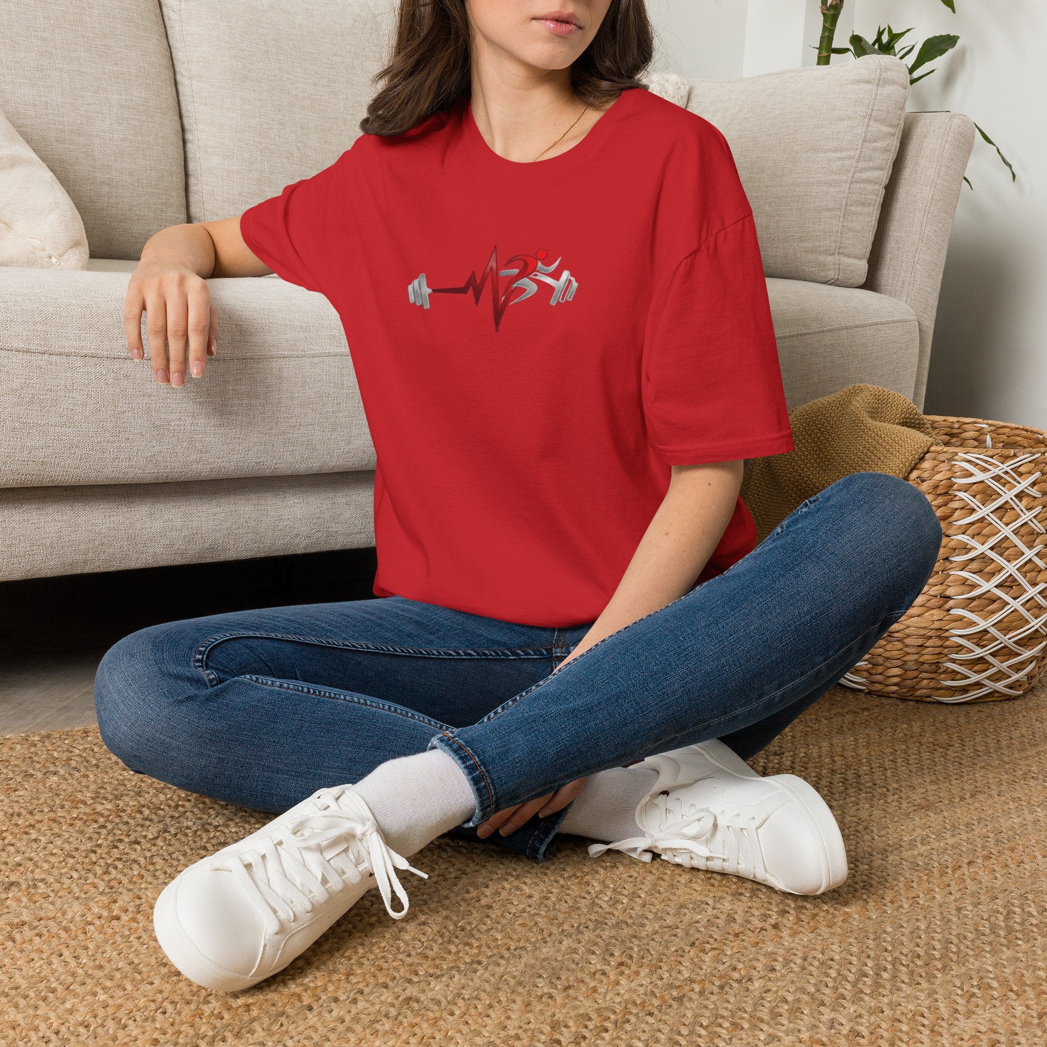 Fitness Heartbeat T-Shirt — Runner & Barbell Pulse Gym Tee