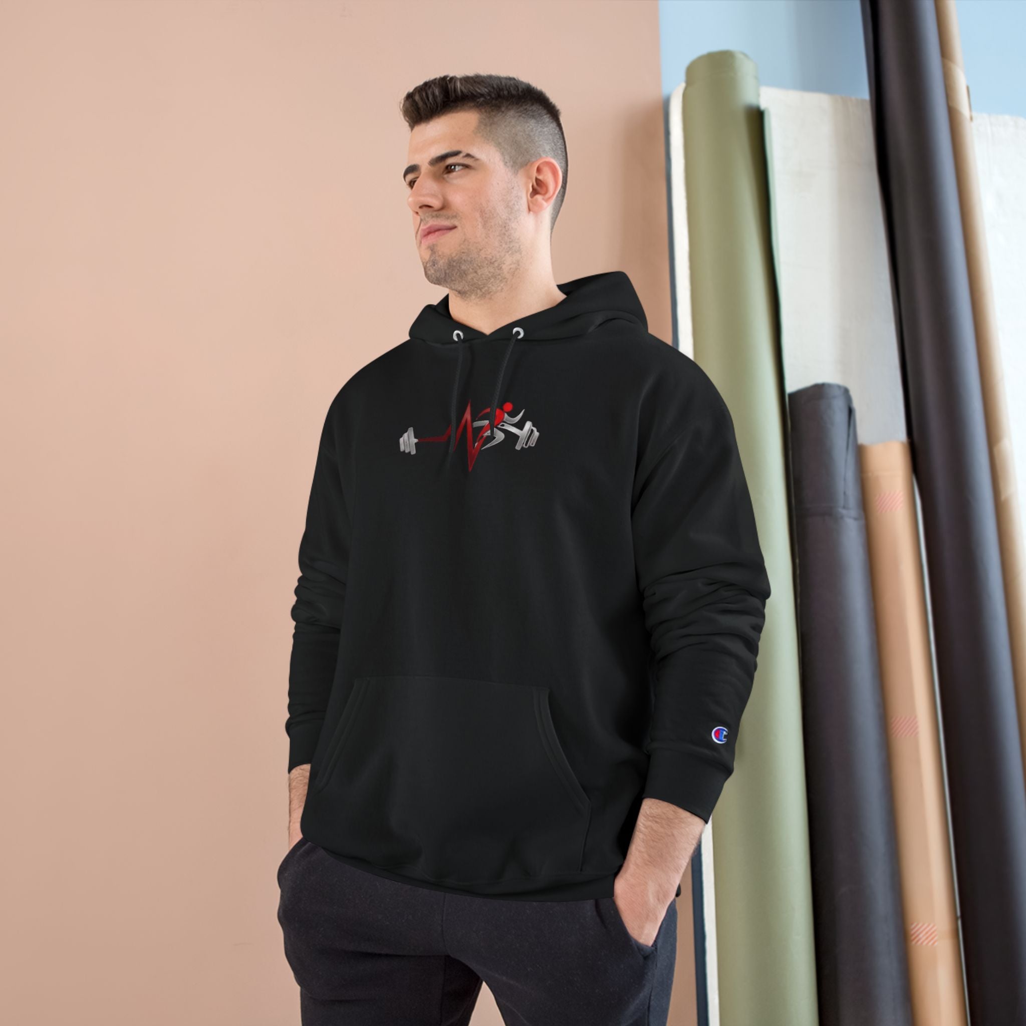 Pulse Fitne55 Champion Hoodie — Minimal Fitness Hoodie with Pulse Fitne55beat & Barbell Graphic
