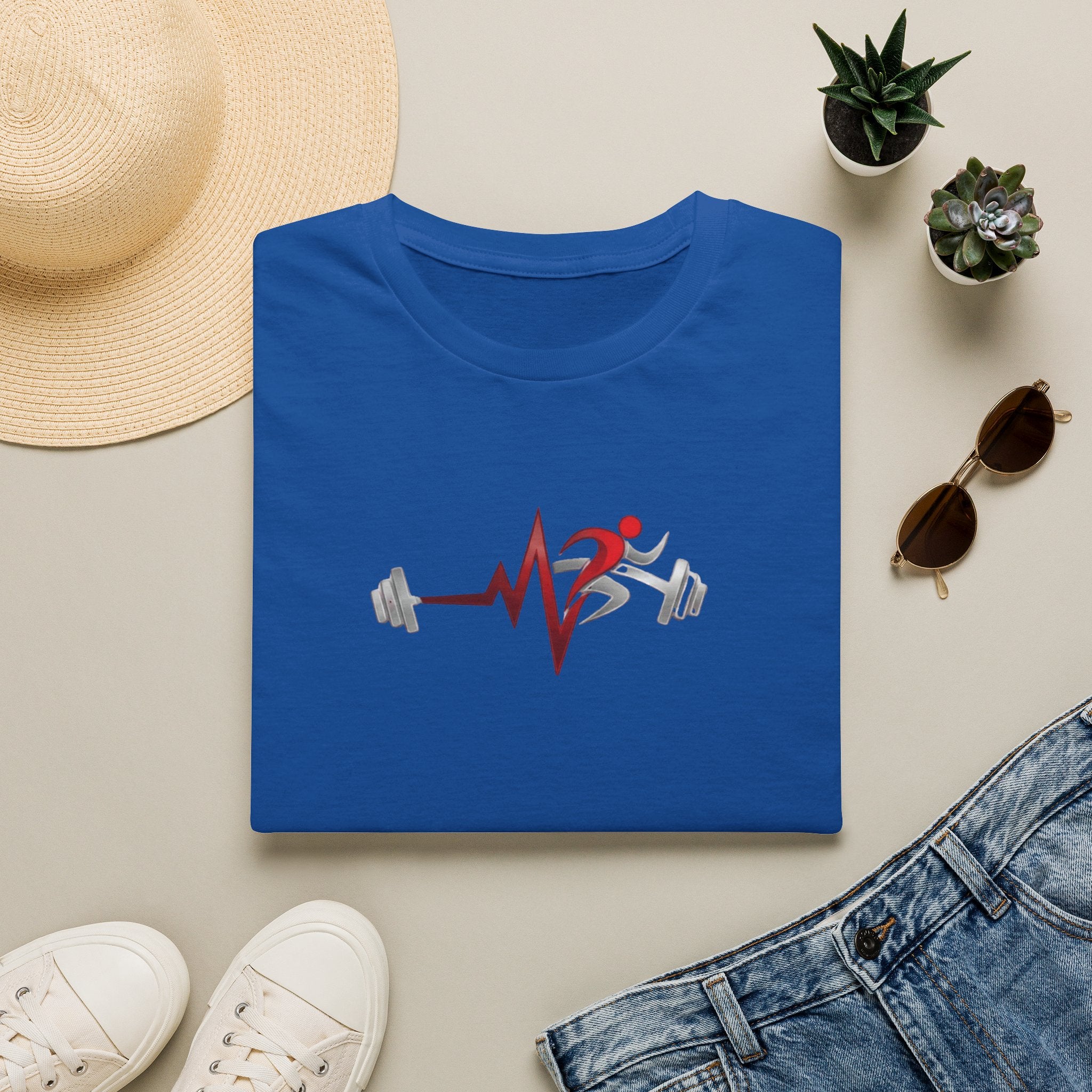 Fitness Heartbeat T-Shirt — Runner & Barbell Pulse Gym Tee