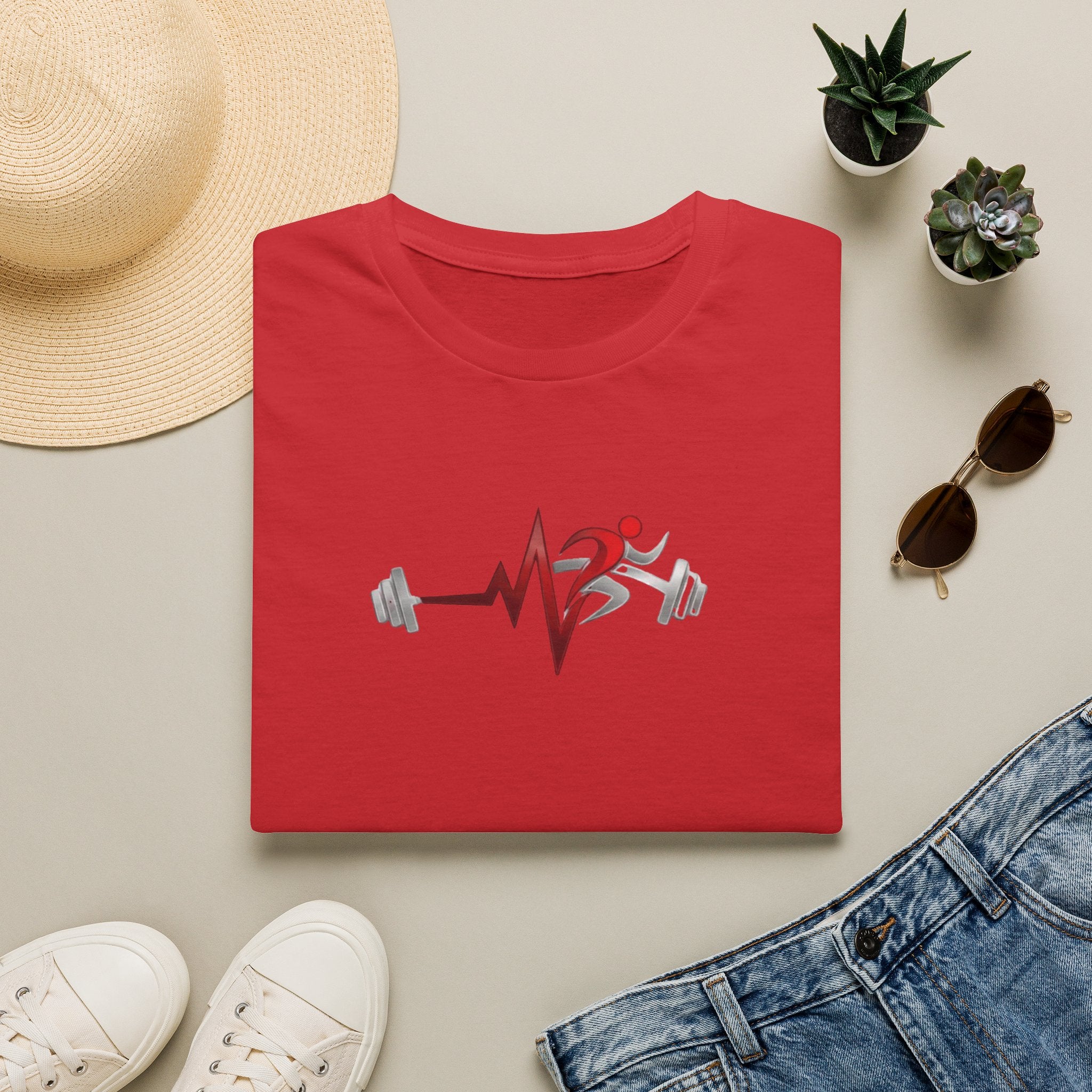Fitness Heartbeat T-Shirt — Runner & Barbell Pulse Gym Tee