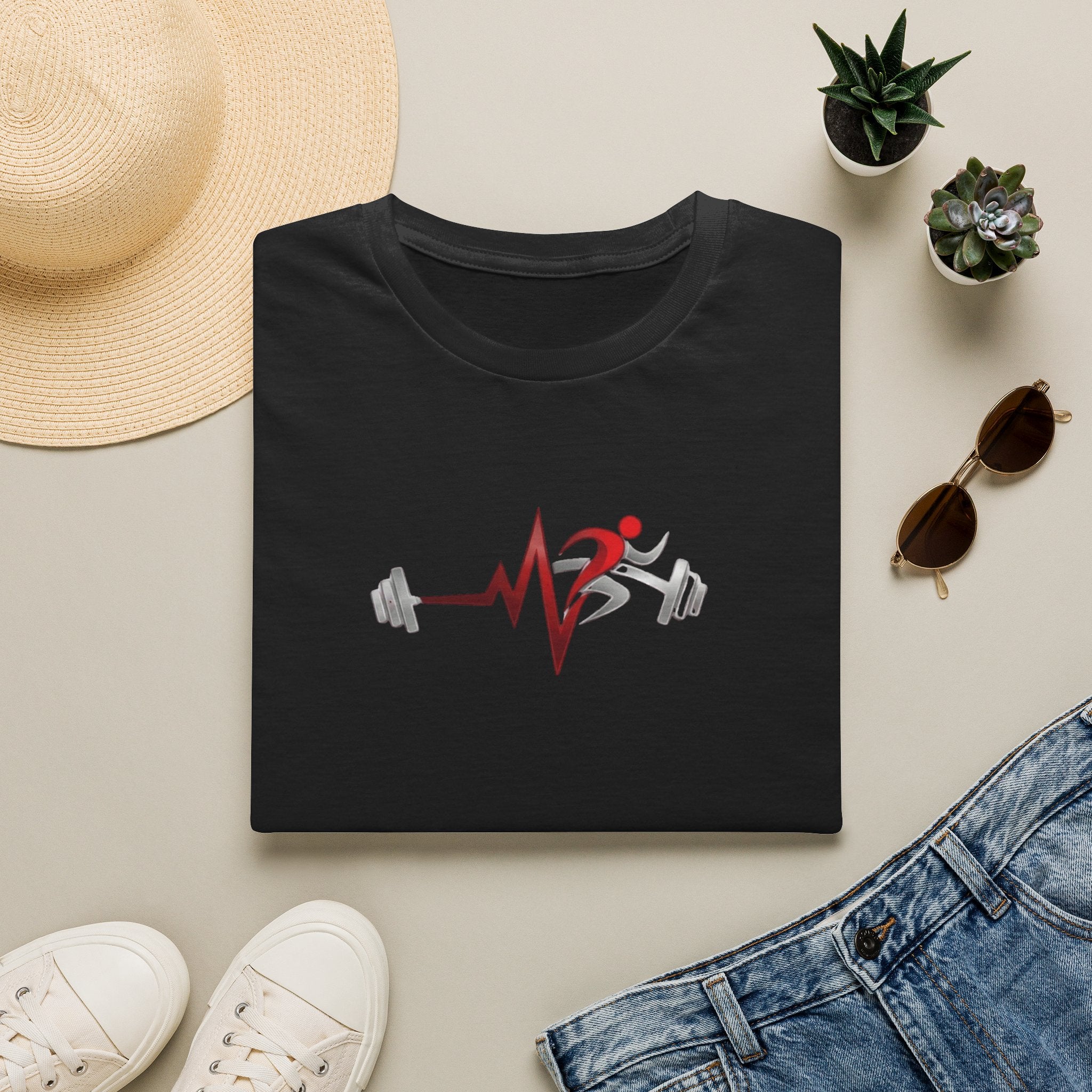 Fitness Heartbeat T-Shirt — Runner & Barbell Pulse Gym Tee