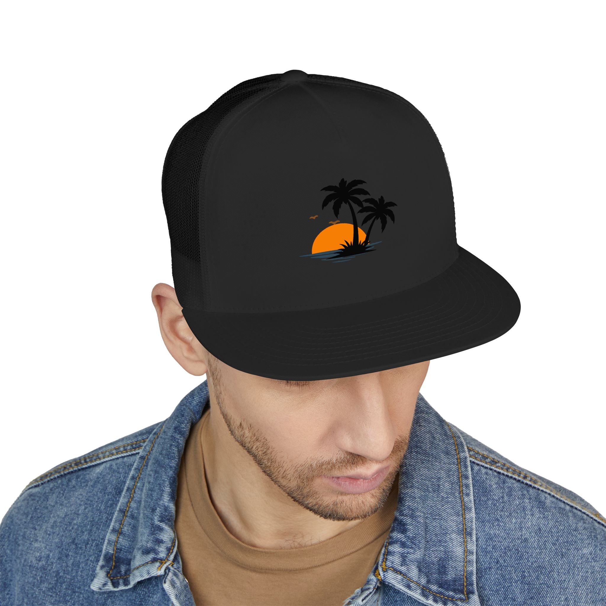 Trucker Cap — Sunset Palm Island Embroidered Beach Hat
