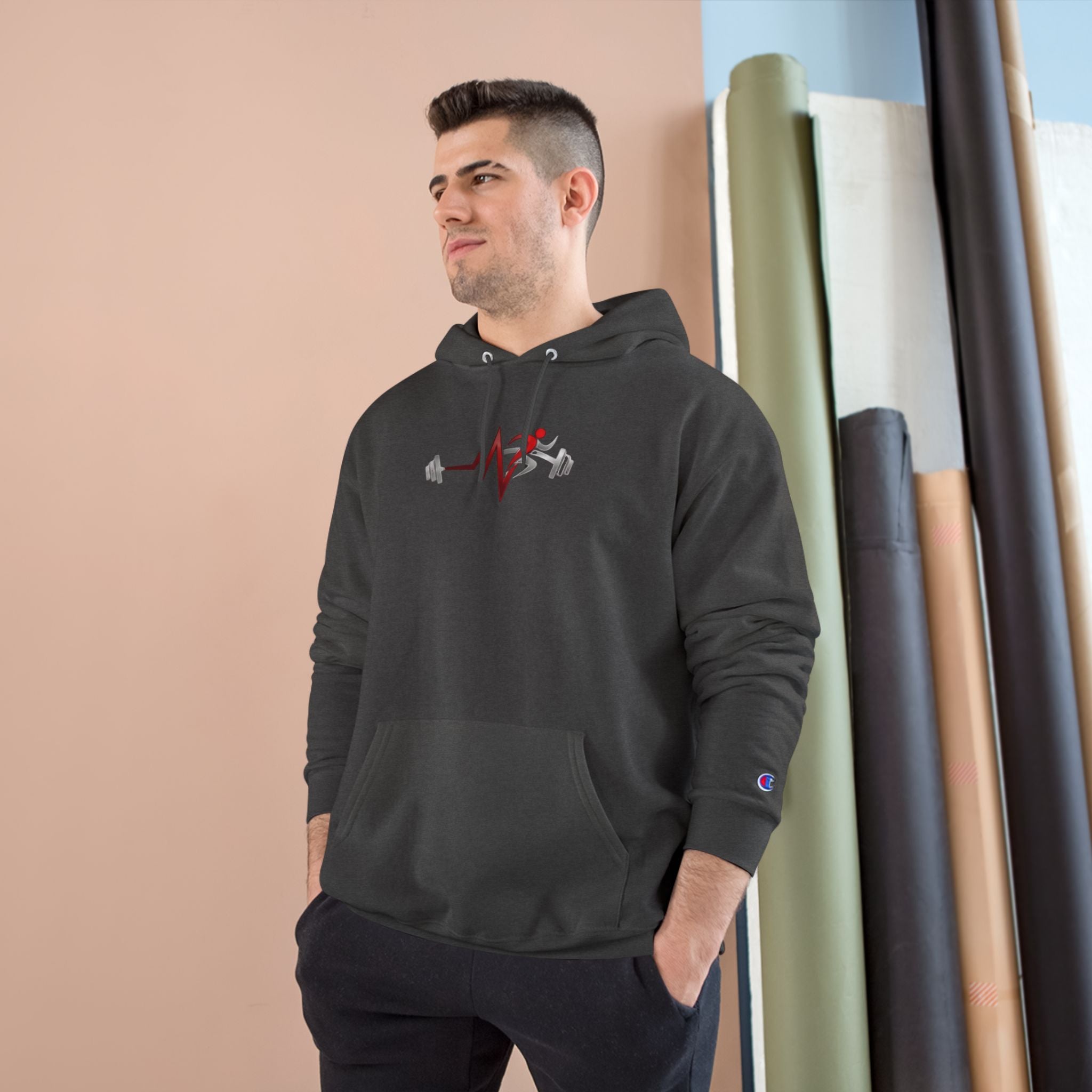 Pulse Fitne55 Champion Hoodie — Minimal Fitness Hoodie with Pulse Fitne55beat & Barbell Graphic