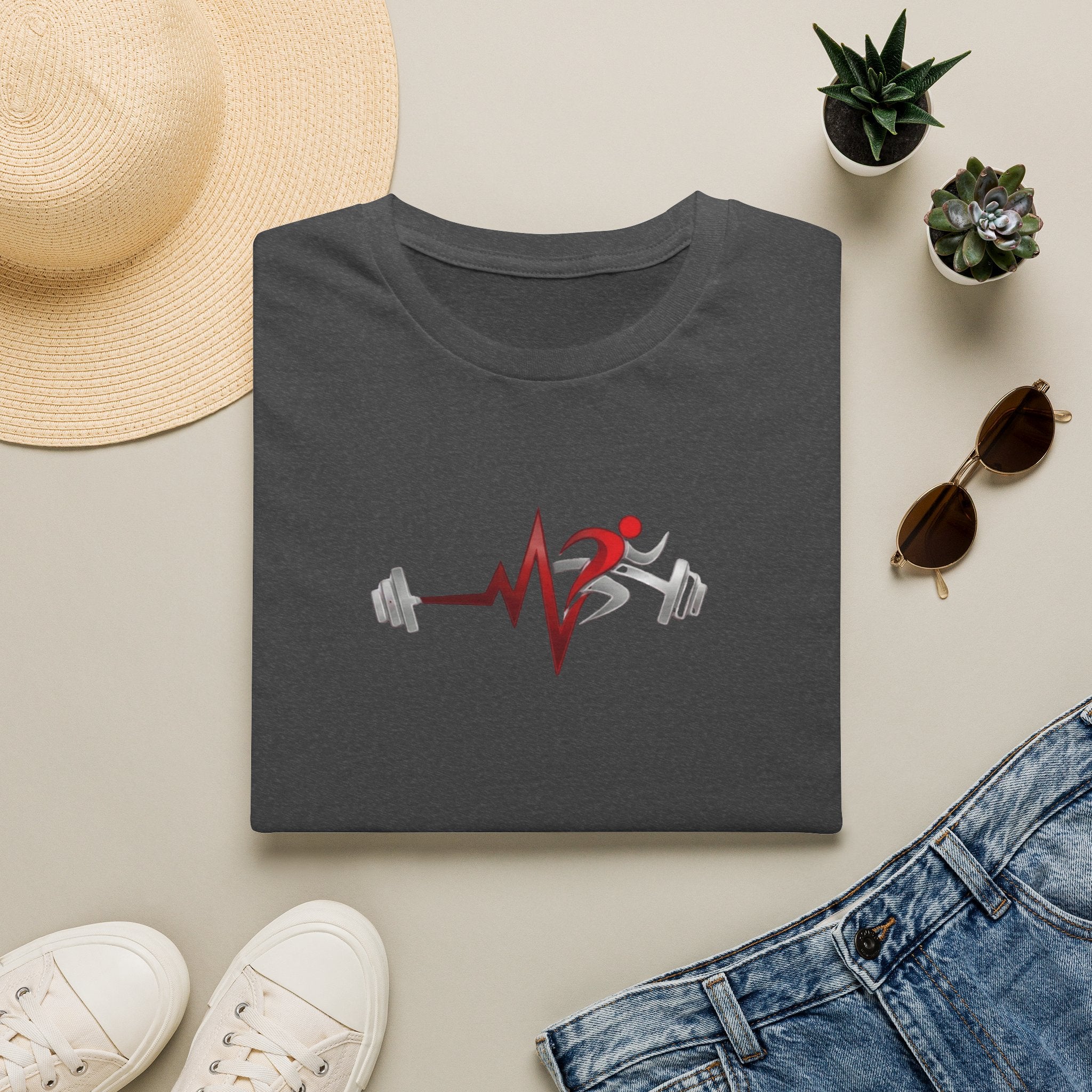Fitness Heartbeat T-Shirt — Runner & Barbell Pulse Gym Tee