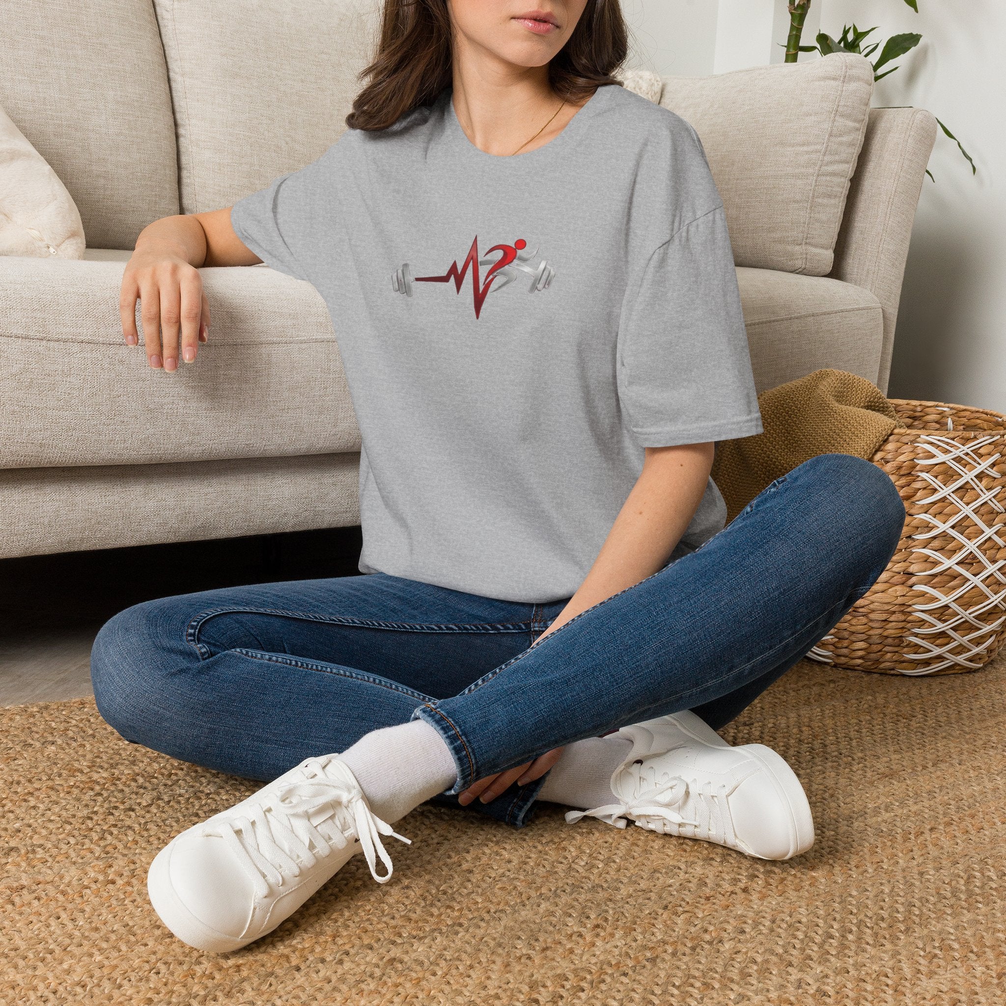 Fitness Heartbeat T-Shirt — Runner & Barbell Pulse Gym Tee