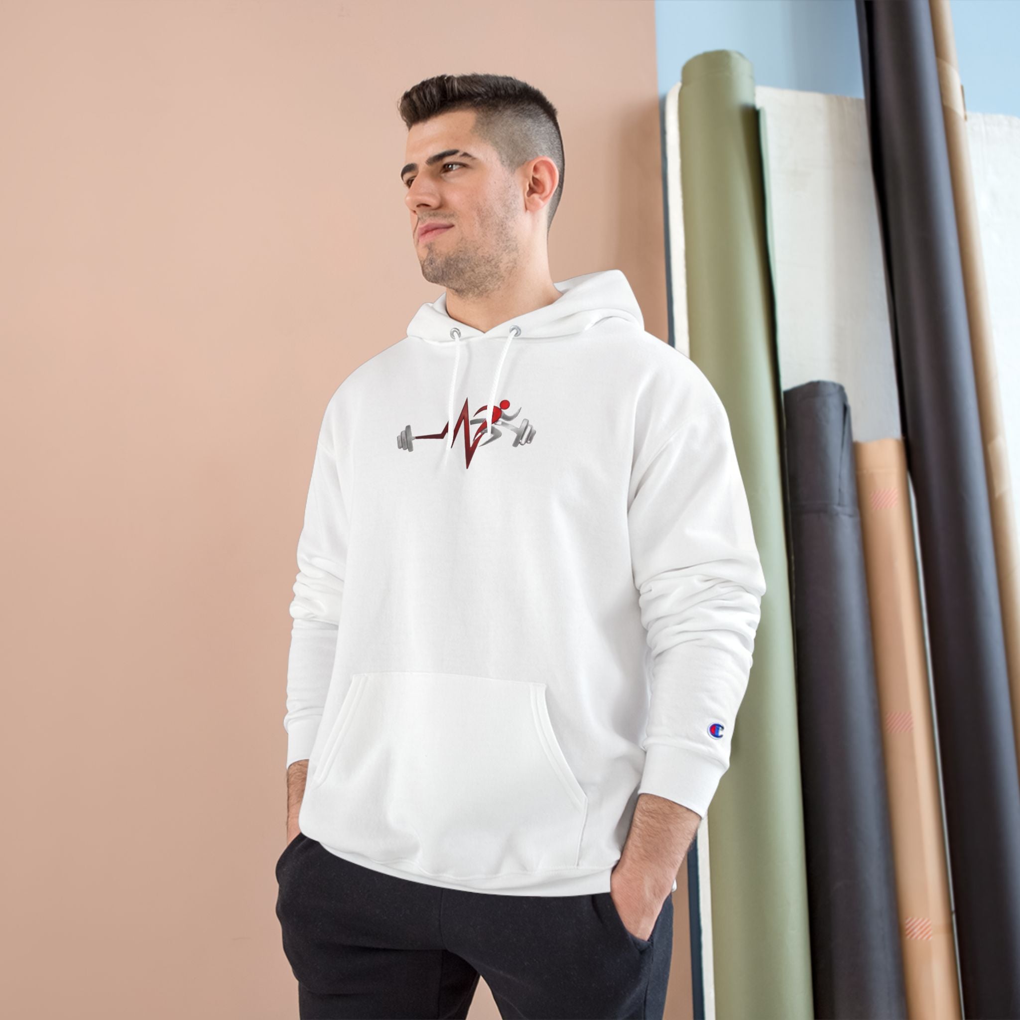 Womens Champion Hoodie — Minimal Fitness Hoodie with Heartbeat & Barbell Graphic