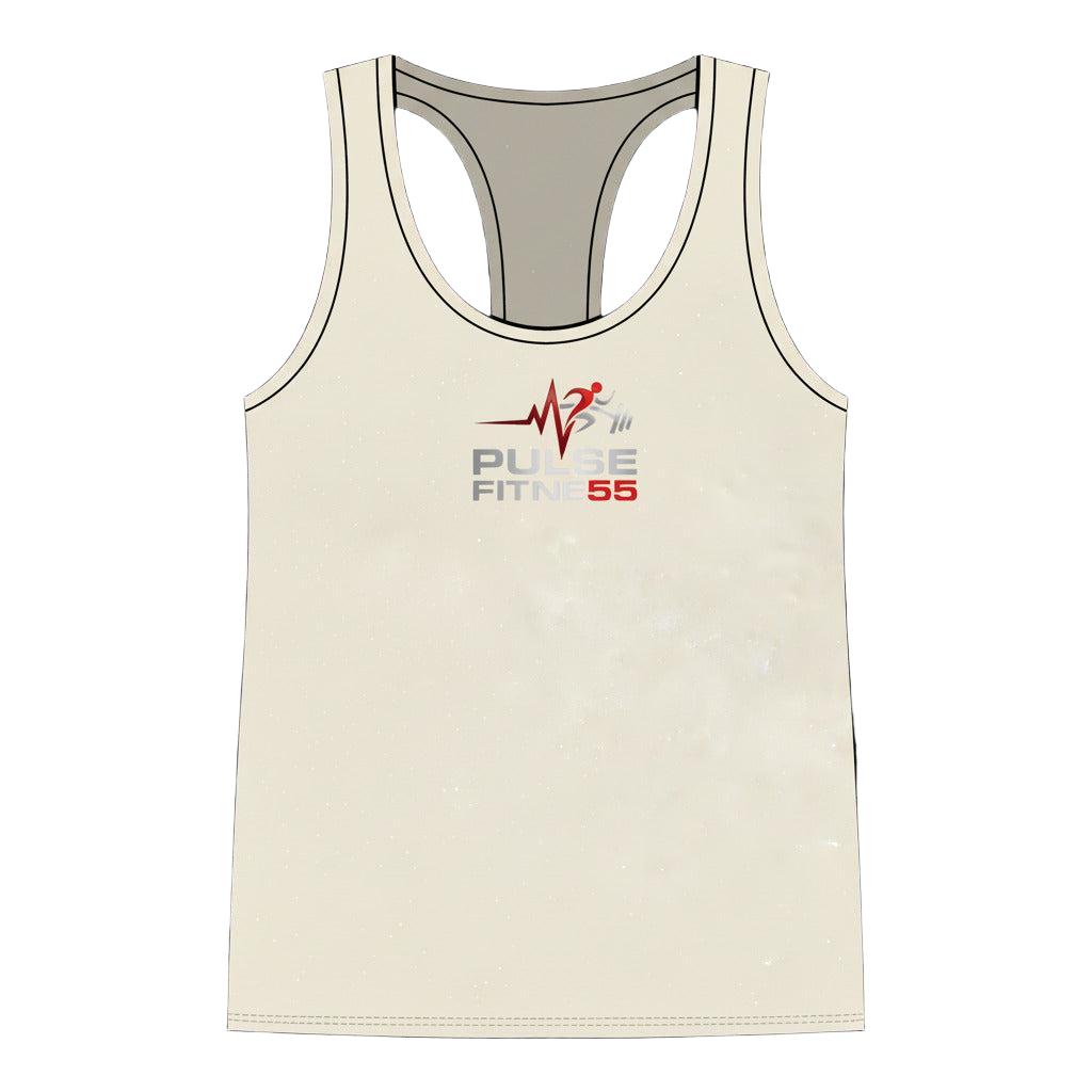 Beige tank top with Pulse Fitne55 logo on a white background