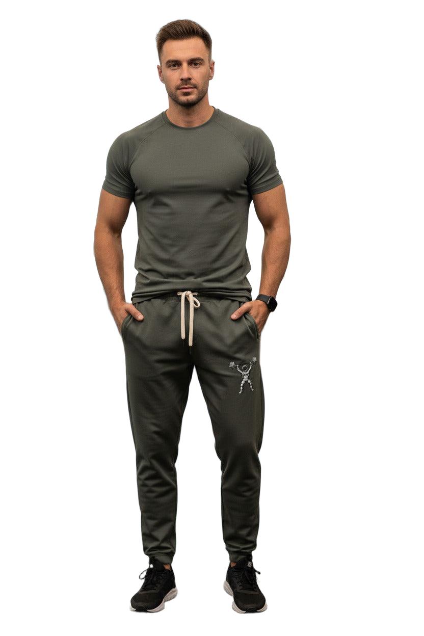 Dark gray sweatpants with a logo on a white background