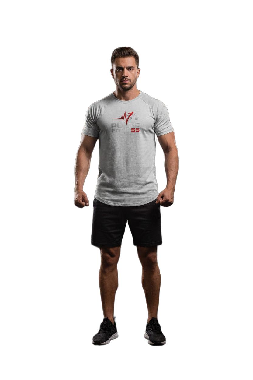 Gray t-shirt with Pulse Fitne55 55 logo on a white background