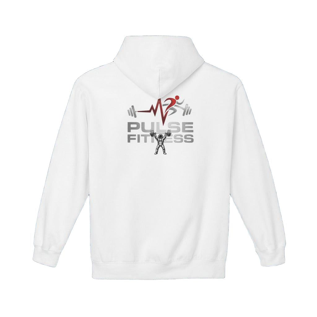 White hoodie with Pulse Fitne55 logo on a white background
