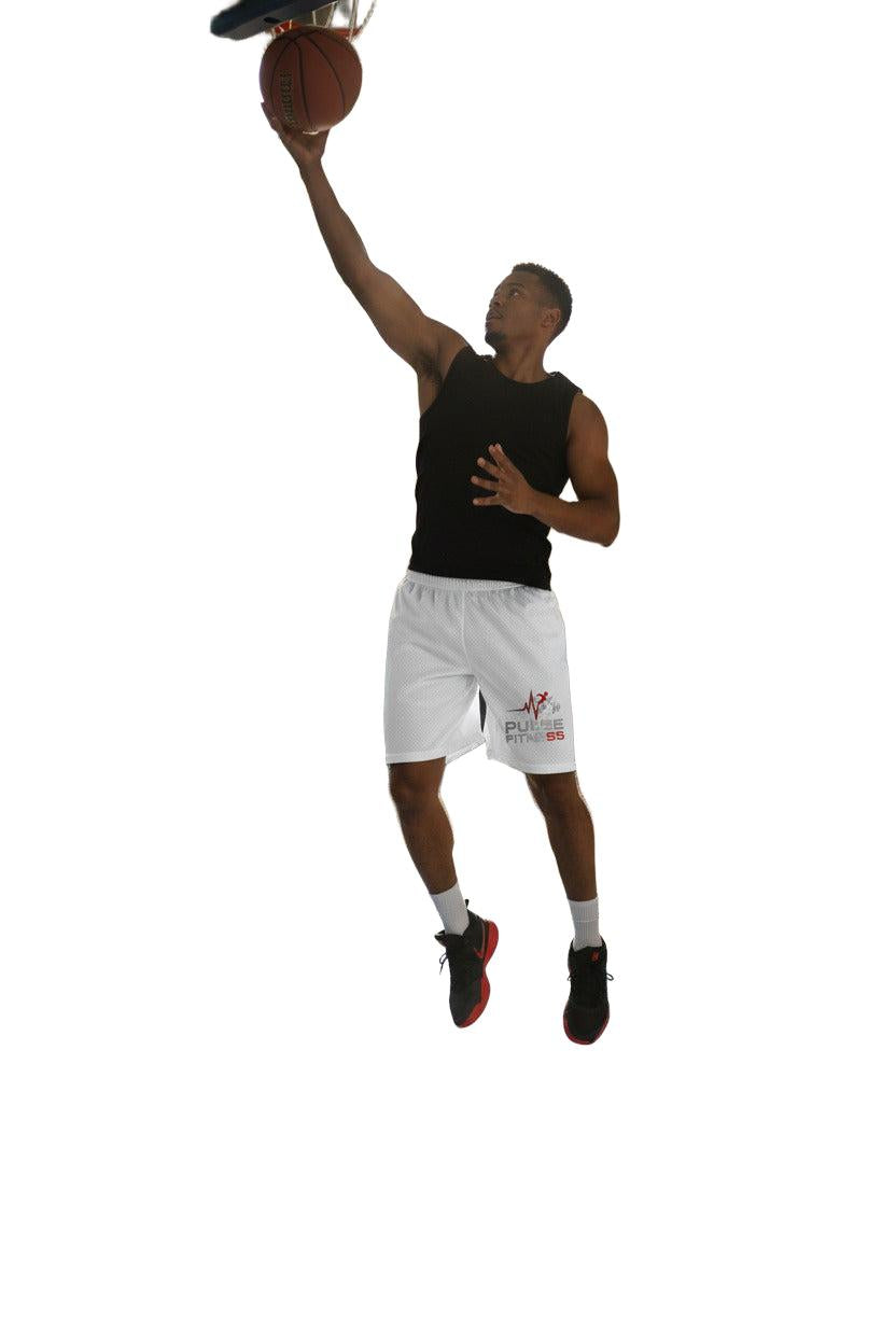 White shorts with Pulse Fitne55 55 logo on a white background