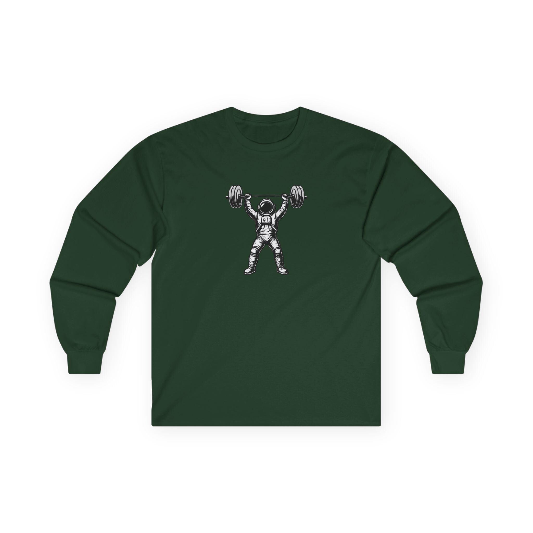 Astronaut Weightlifting Long Sleeve Tee | Pulse Fitness Logo on Back