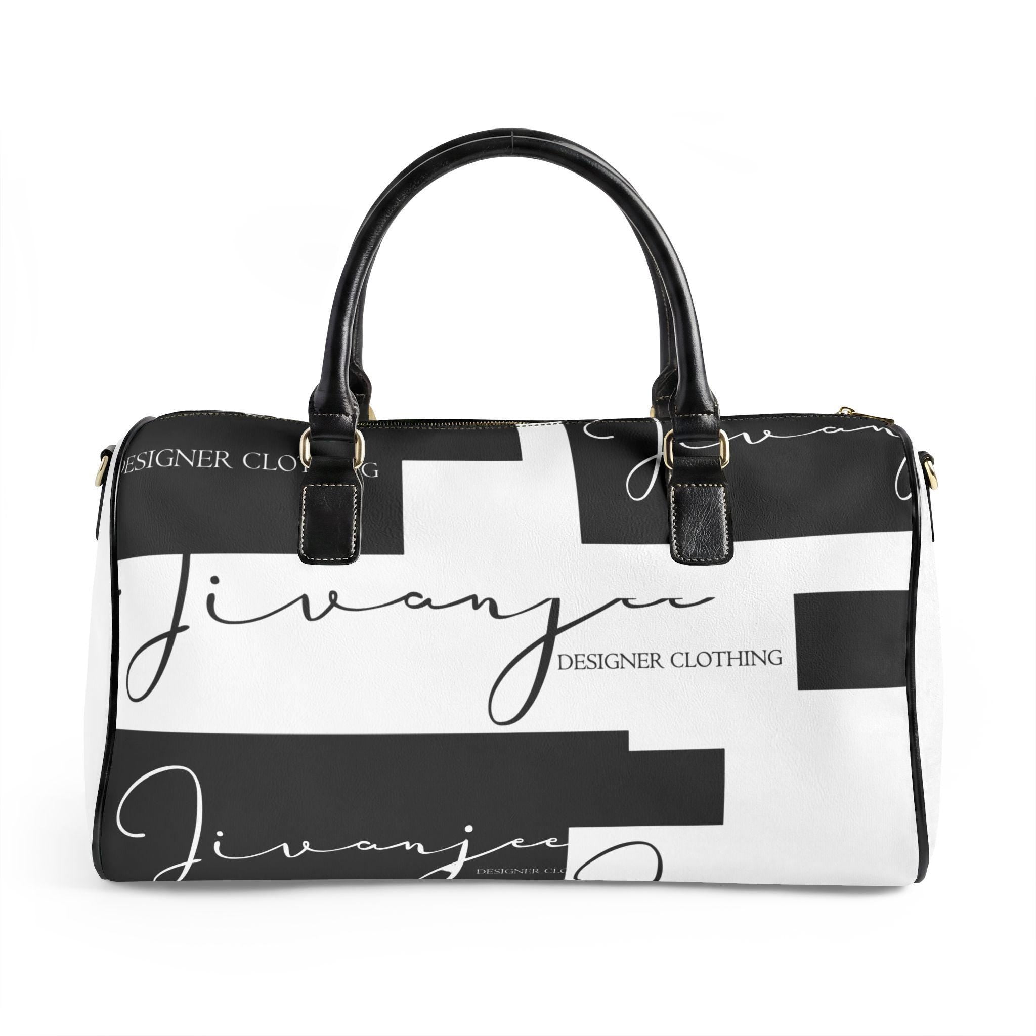 Jivanjee Designer Black & White Script Logo Faux Leather Travel Bag | Designer Clothing Pattern