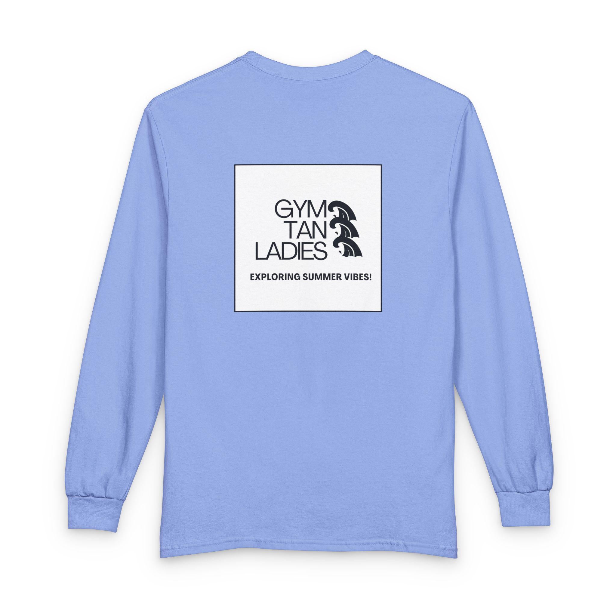 Mens Gym Tan Long Sleeve Tee — "Exploring Summer Vibes" Graphic
