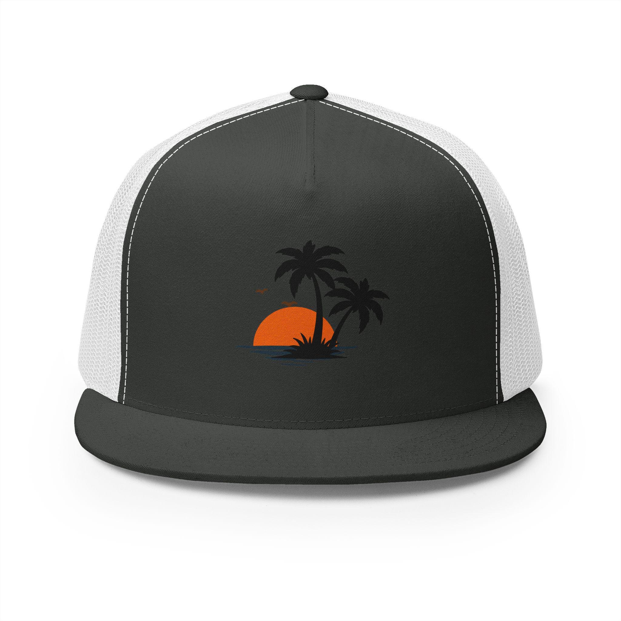Snapback Trucker Cap — Sunset Palm Island Embroidered Beach Hat