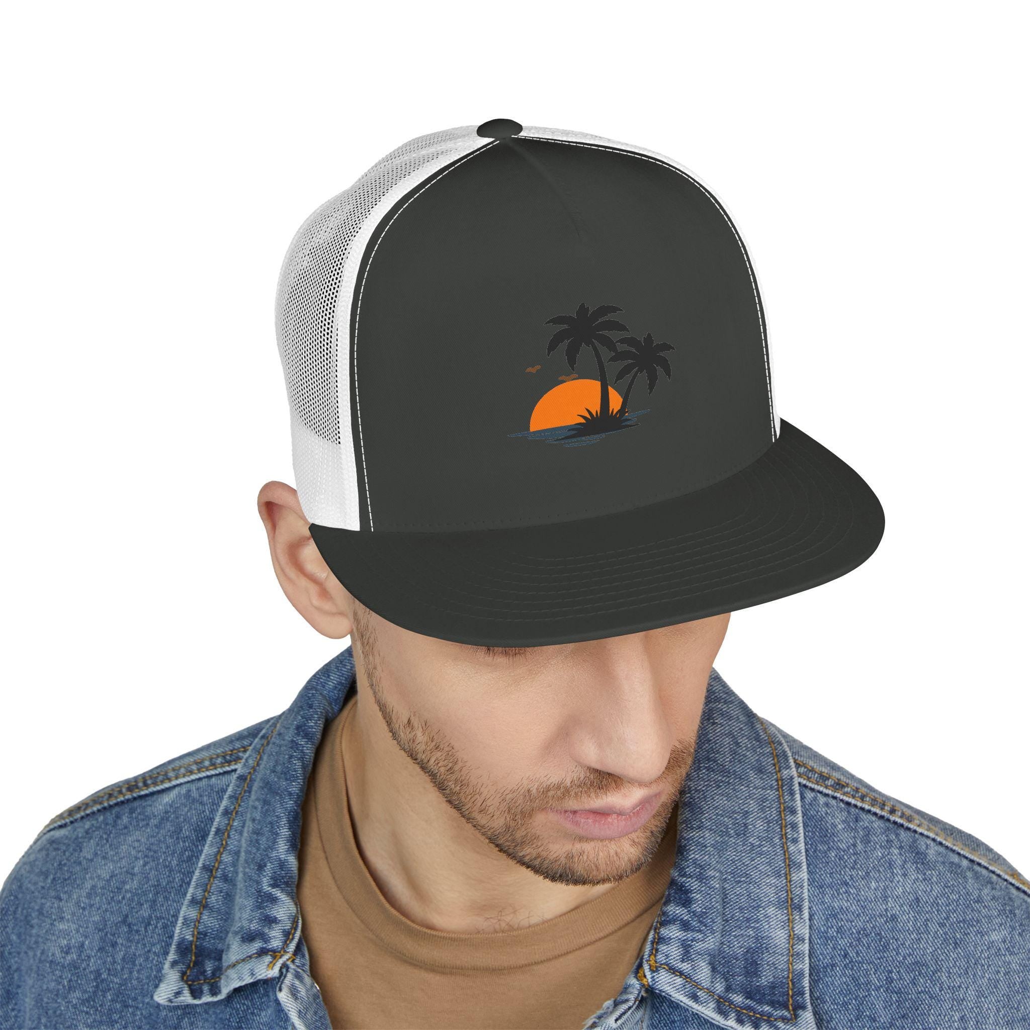 Snapback Trucker Cap — Sunset Palm Island Embroidered Beach Hat