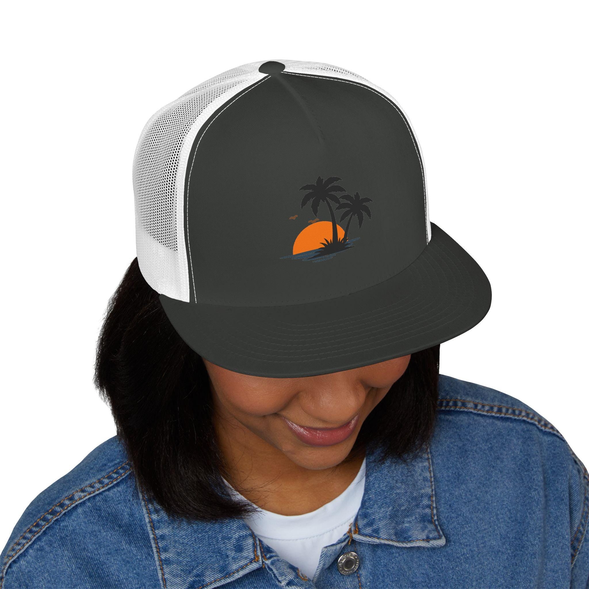 Snapback Trucker Cap — Sunset Palm Island Embroidered Beach Hat