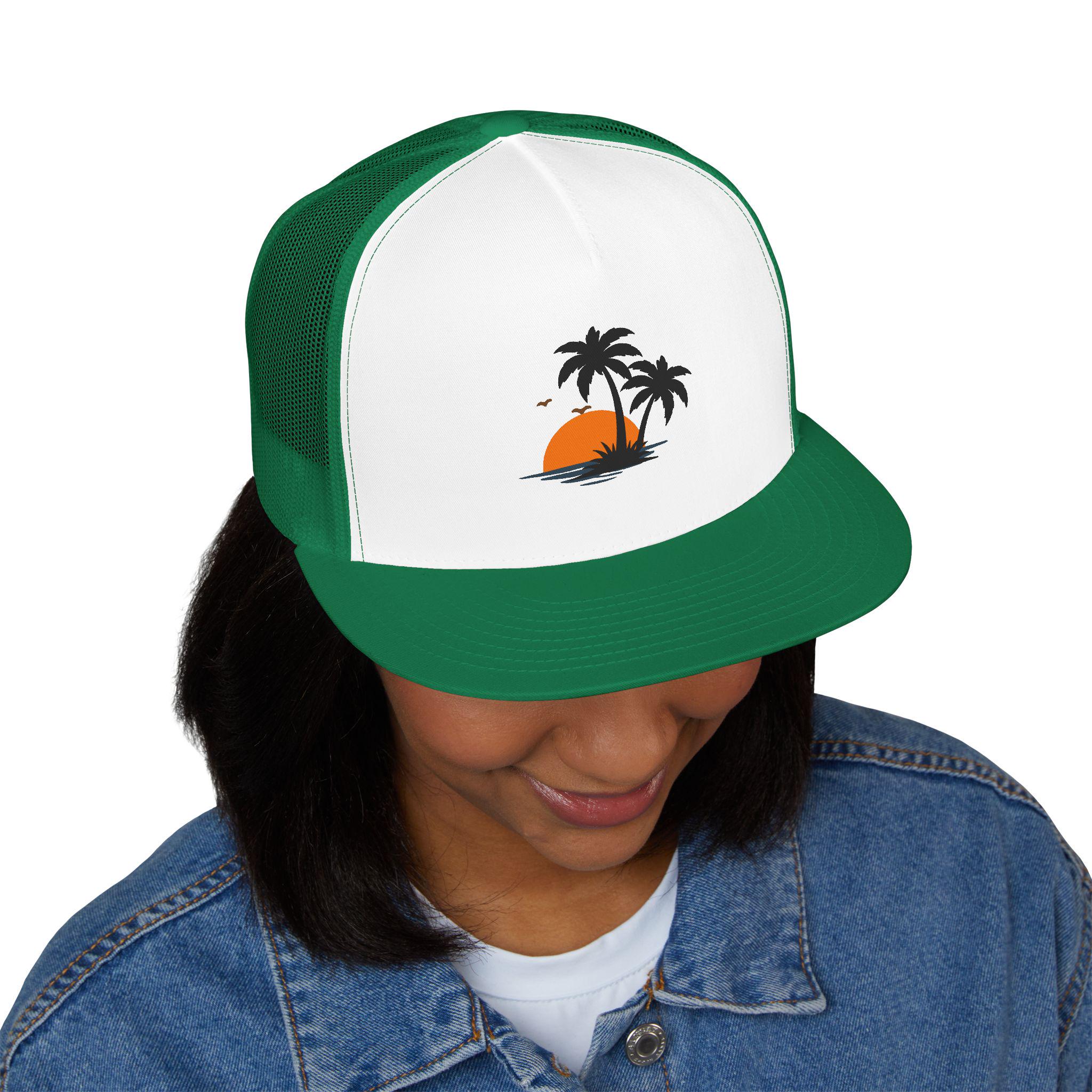 Snapback Trucker Cap — Sunset Palm Island Embroidered Beach Hat