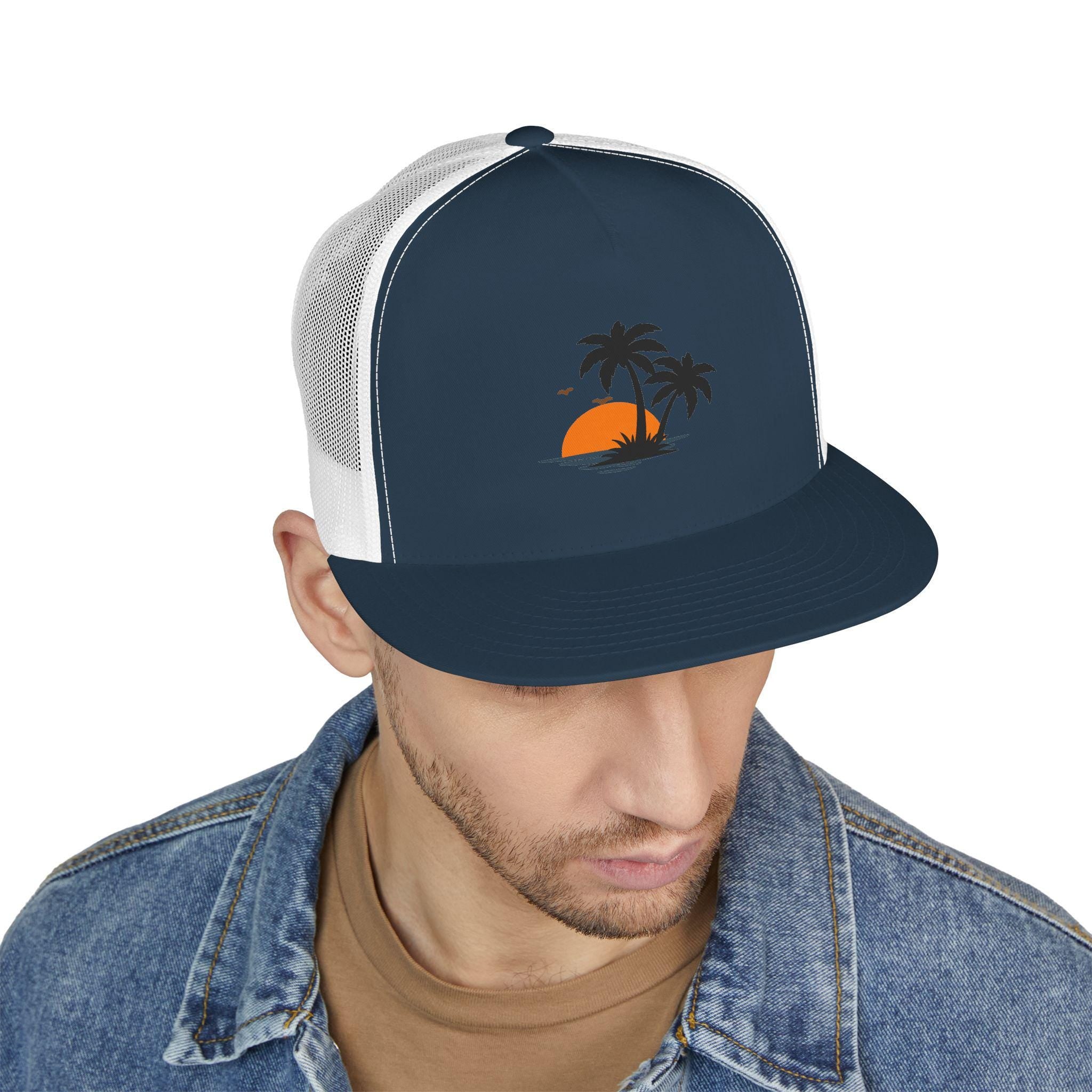 Snapback Trucker Cap — Sunset Palm Island Embroidered Beach Hat