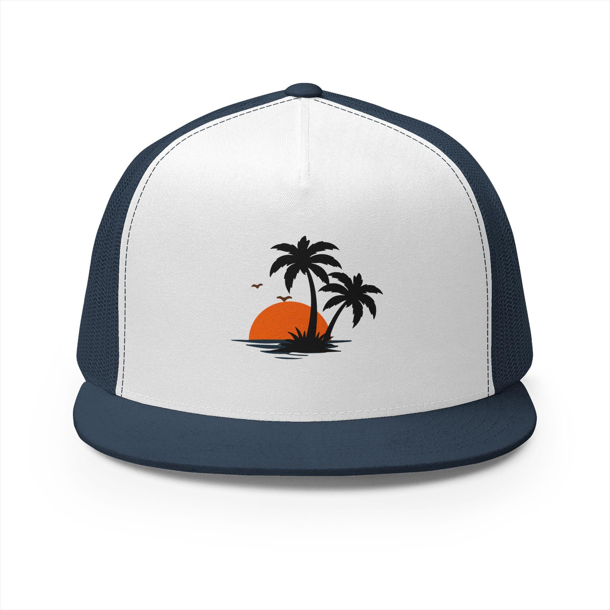 Snapback Trucker Cap — Sunset Palm Island Embroidered Beach Hat