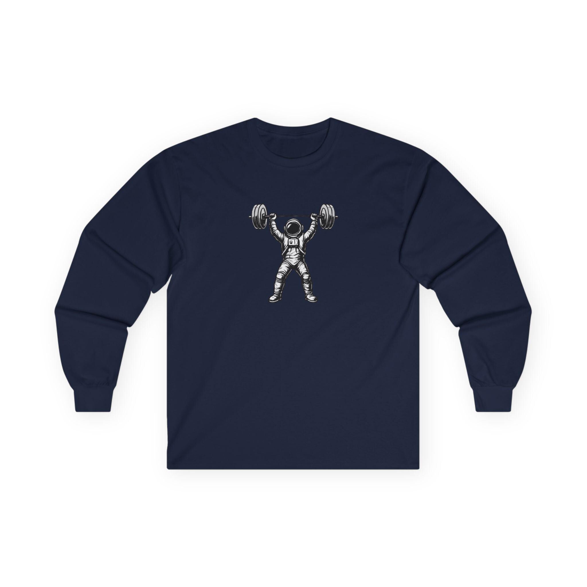 Astronaut Weightlifting Long Sleeve Tee | Pulse Fitness Logo on Back