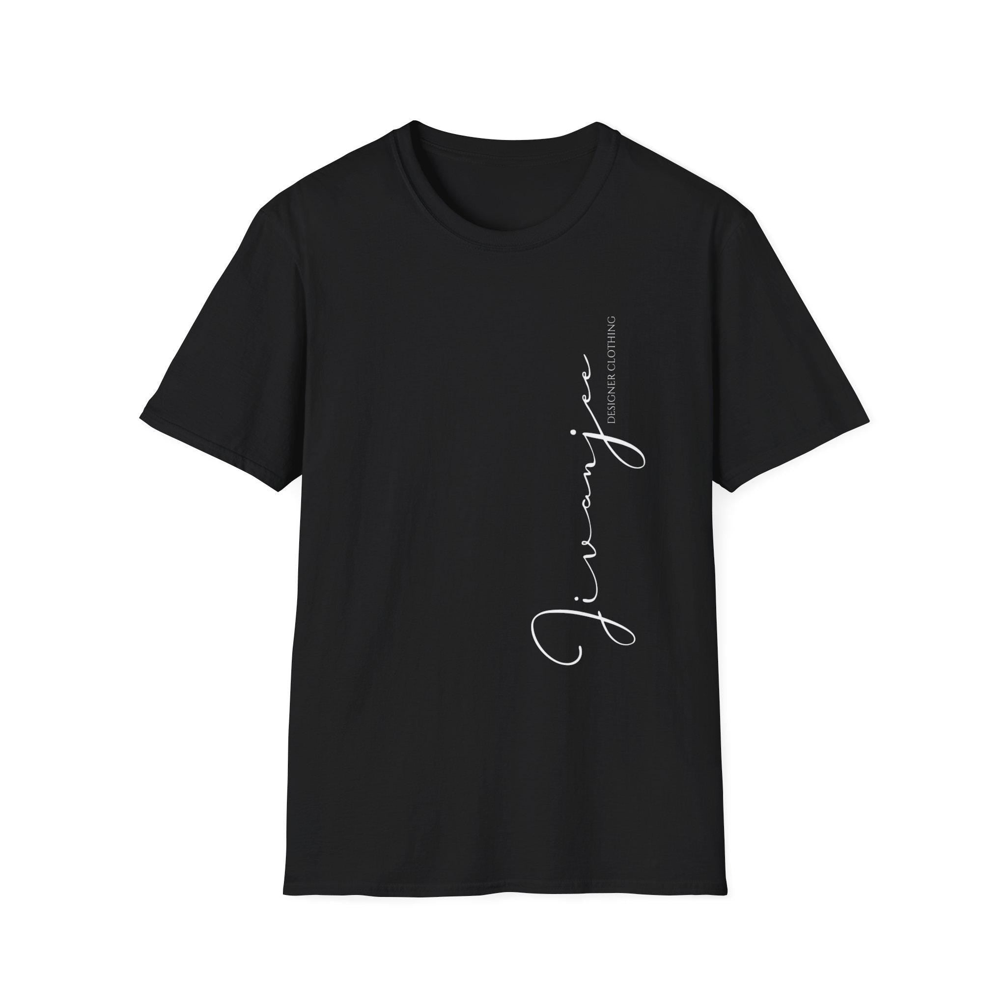 Jivanjee designer Minimal Script Logo T-Shirt | Vertical Signature Side Print