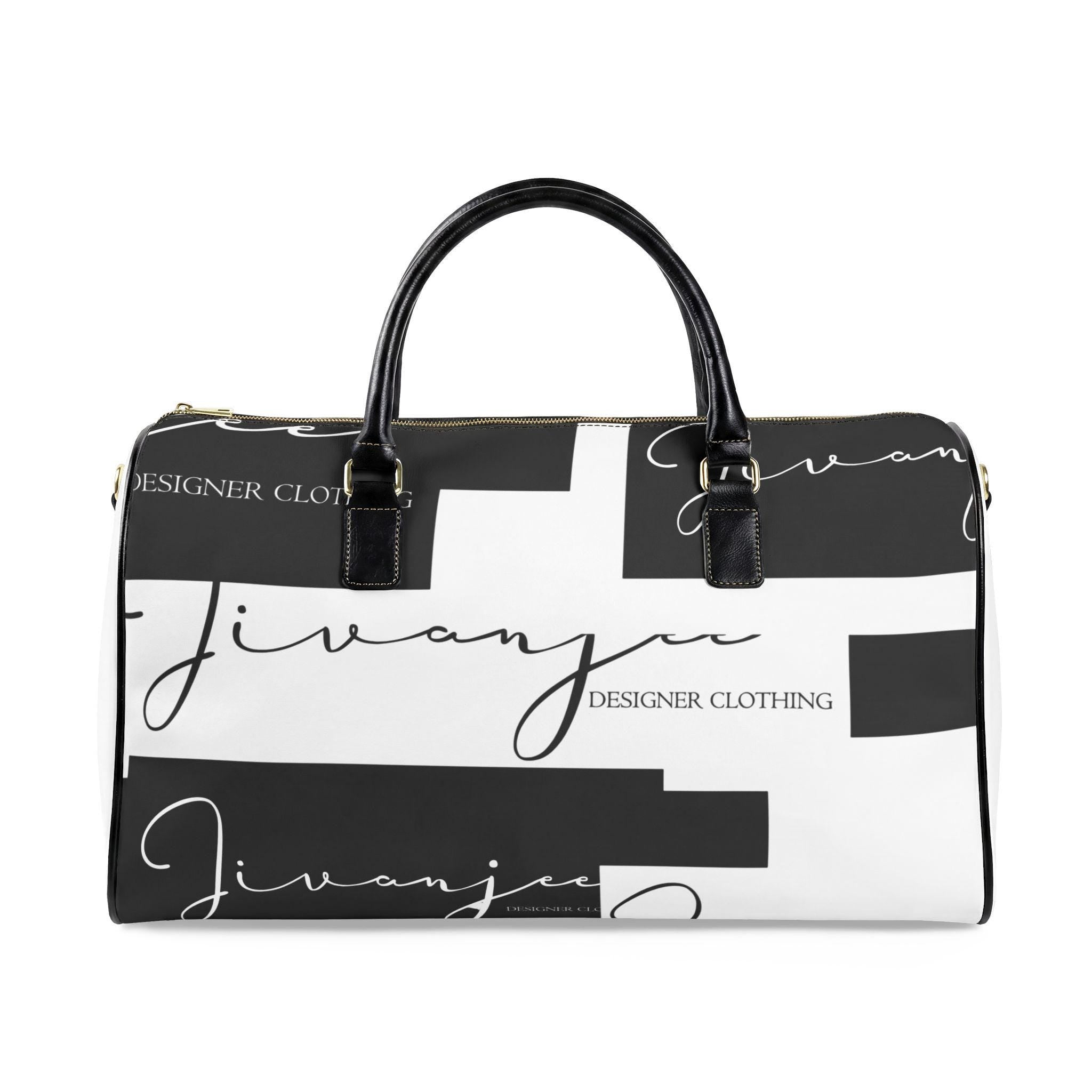 Jivanjee Designer Black & White Script Logo Faux Leather Travel Bag | Designer Clothing Pattern