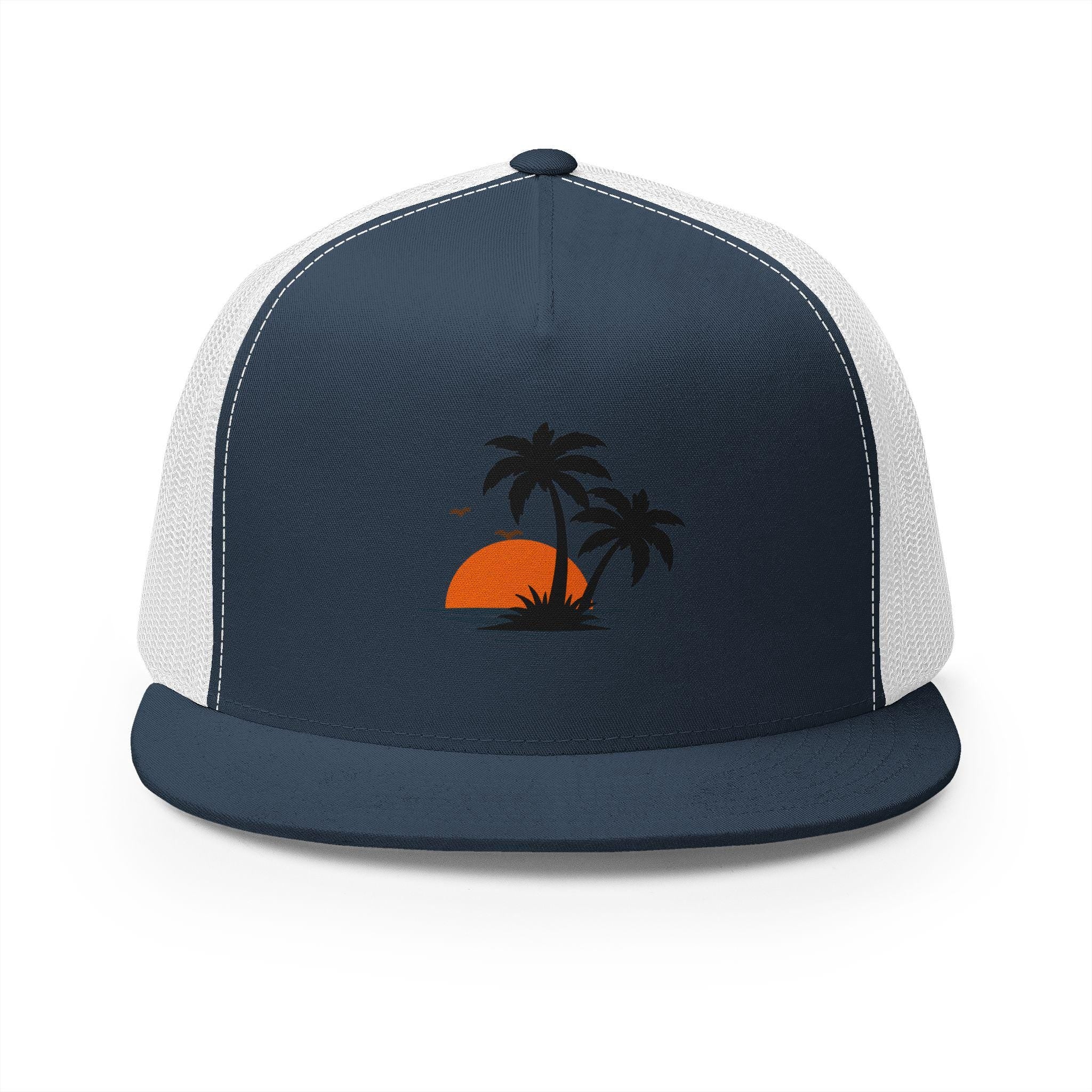 Snapback Trucker Cap — Sunset Palm Island Embroidered Beach Hat
