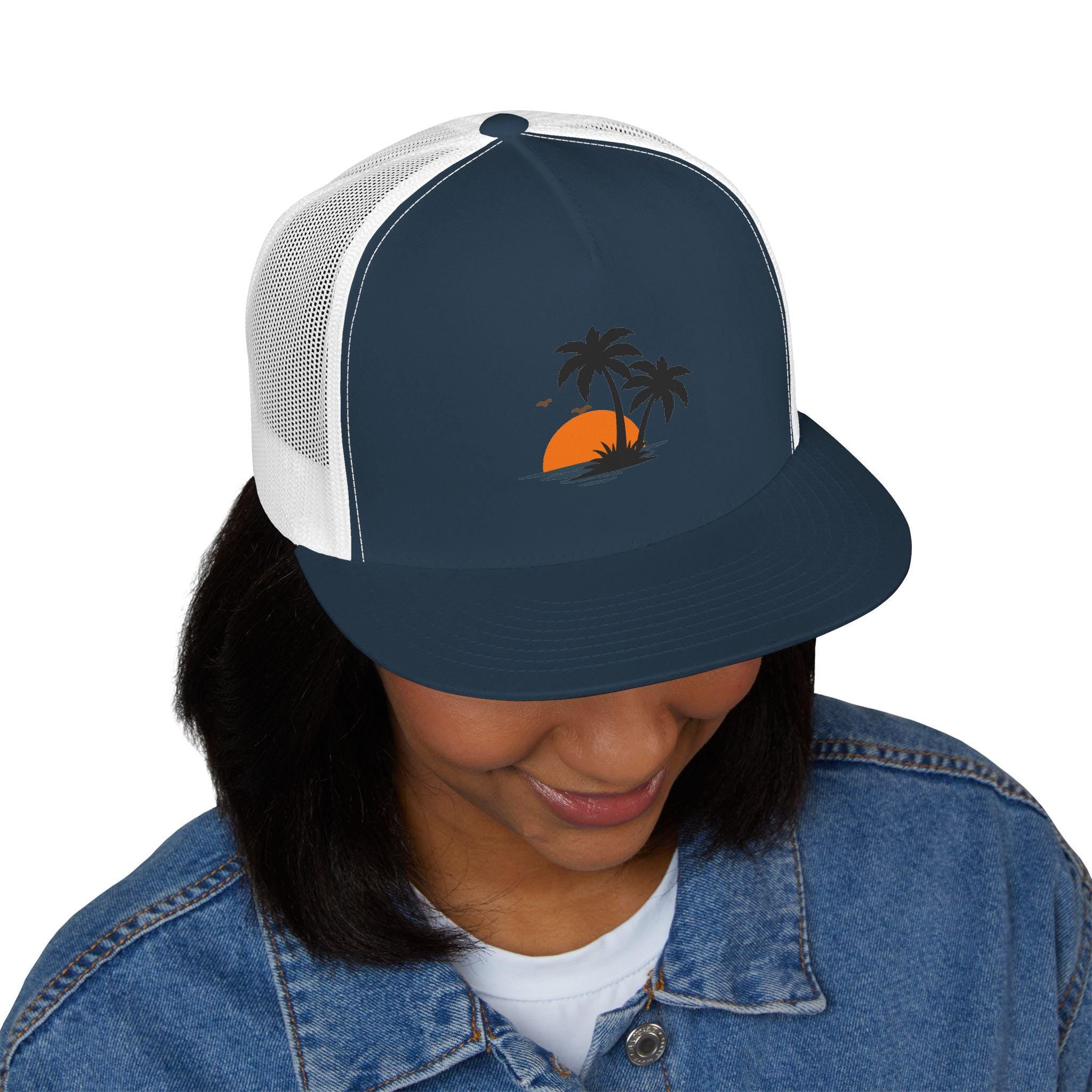 Snapback Trucker Cap — Sunset Palm Island Embroidered Beach Hat