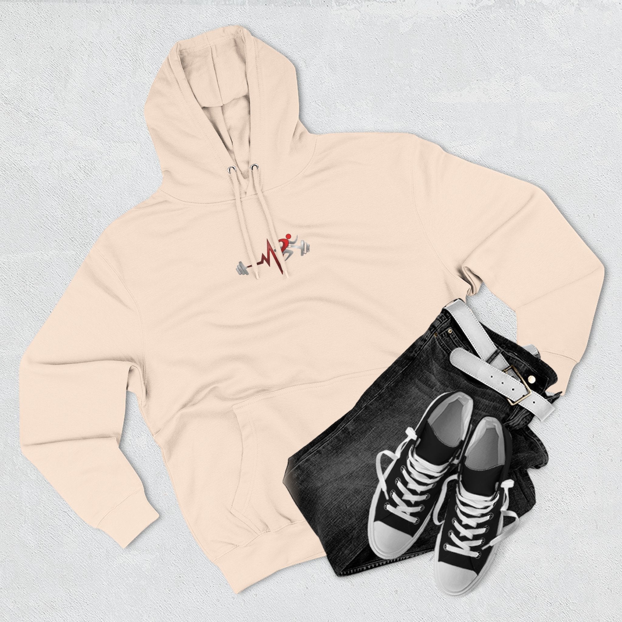 Pulse Fitne55 beige fleece pullover hoodie with adjustable hood and kangaroo pocket, featuring a chest graphic of a heartbeat with weights and running figures.