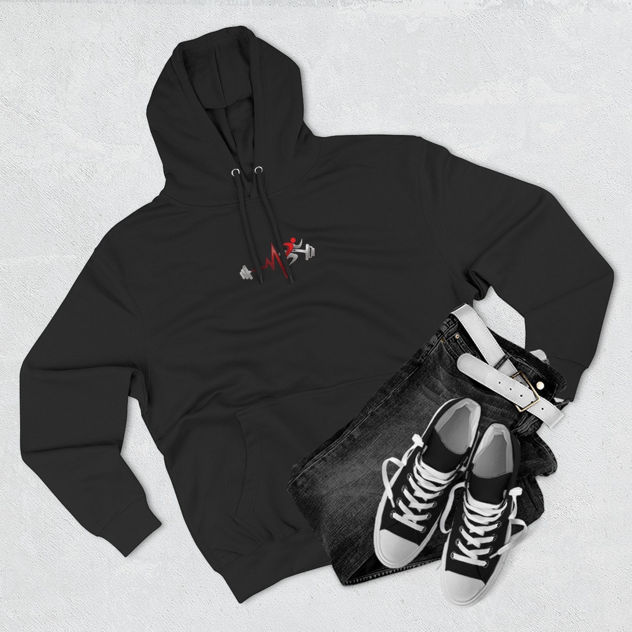 Pulse Fitne55 black fleece pullover hoodie with 'Fit Yoga Pilates' graphic on chest. Adjustable hood, kangaroo pocket.