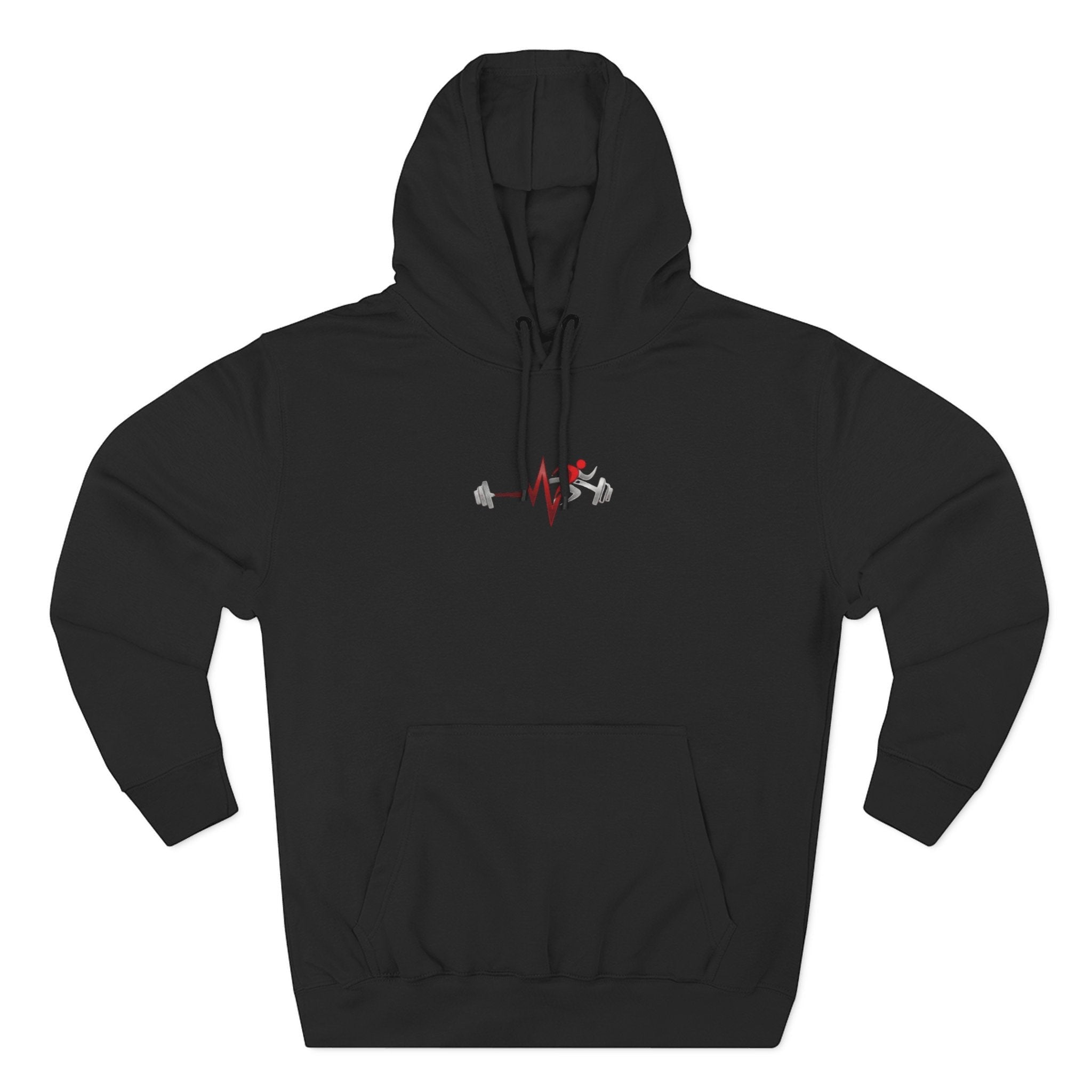Pulse Fitne55 black fleece pullover hoodie with adjustable hood, kangaroo pocket, and chest graphic.