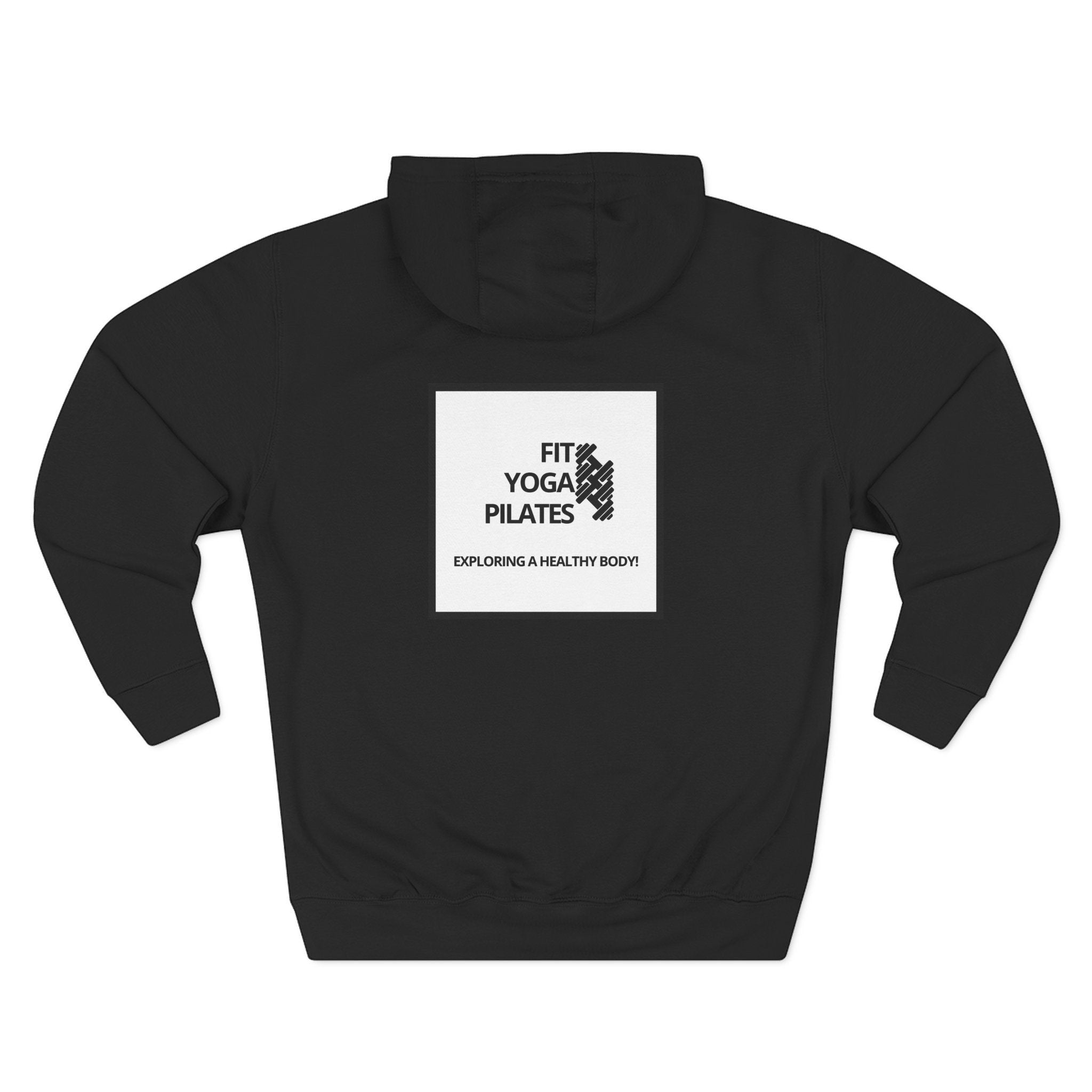 Pulse Fitne55 black fleece pullover hoodie with 'Fit Yoga Pilates' graphic on back. Adjustable hood, kangaroo pocket.