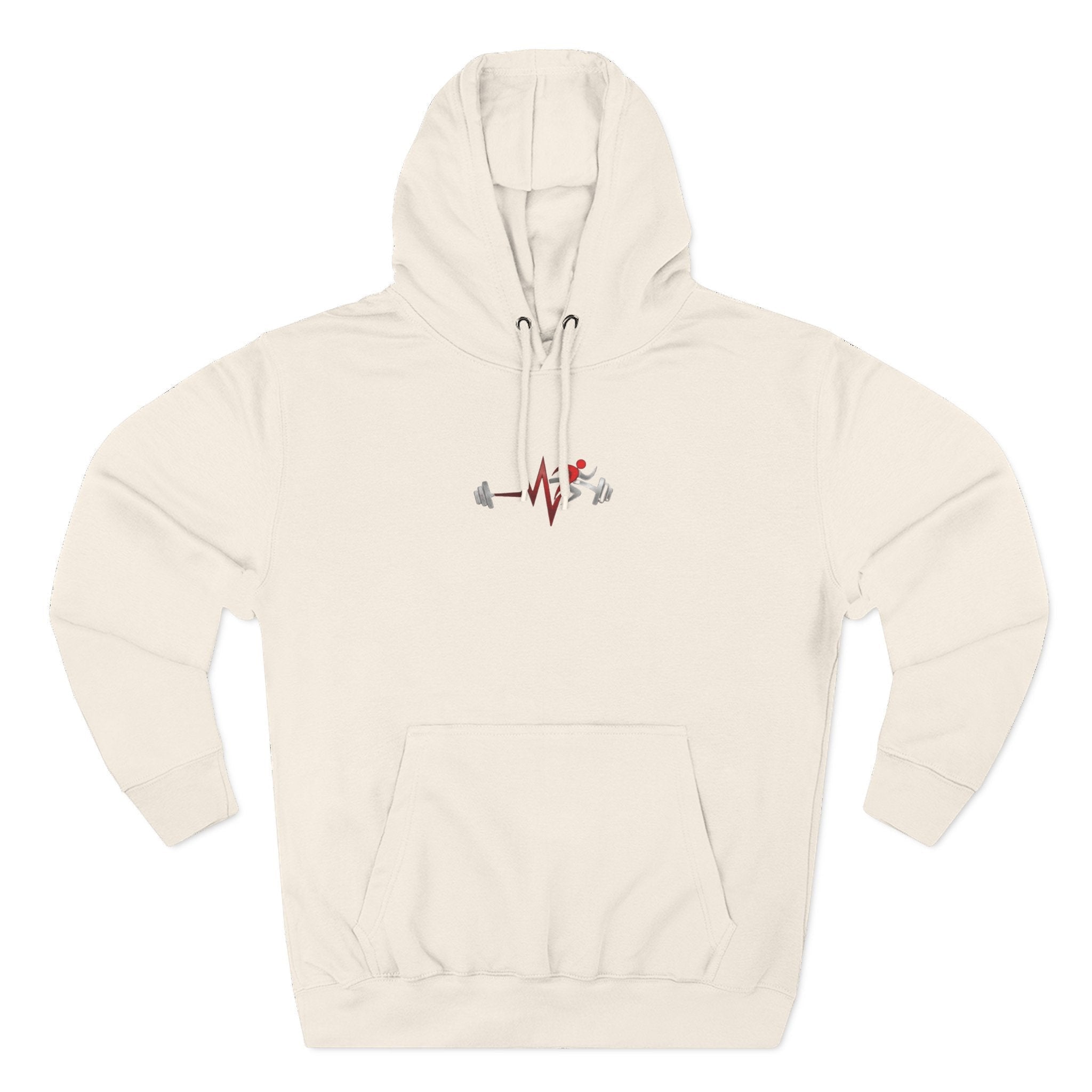 Pulse Fitne55 cream fleece pullover hoodie with adjustable hood, kangaroo pocket, and fitness graphic.