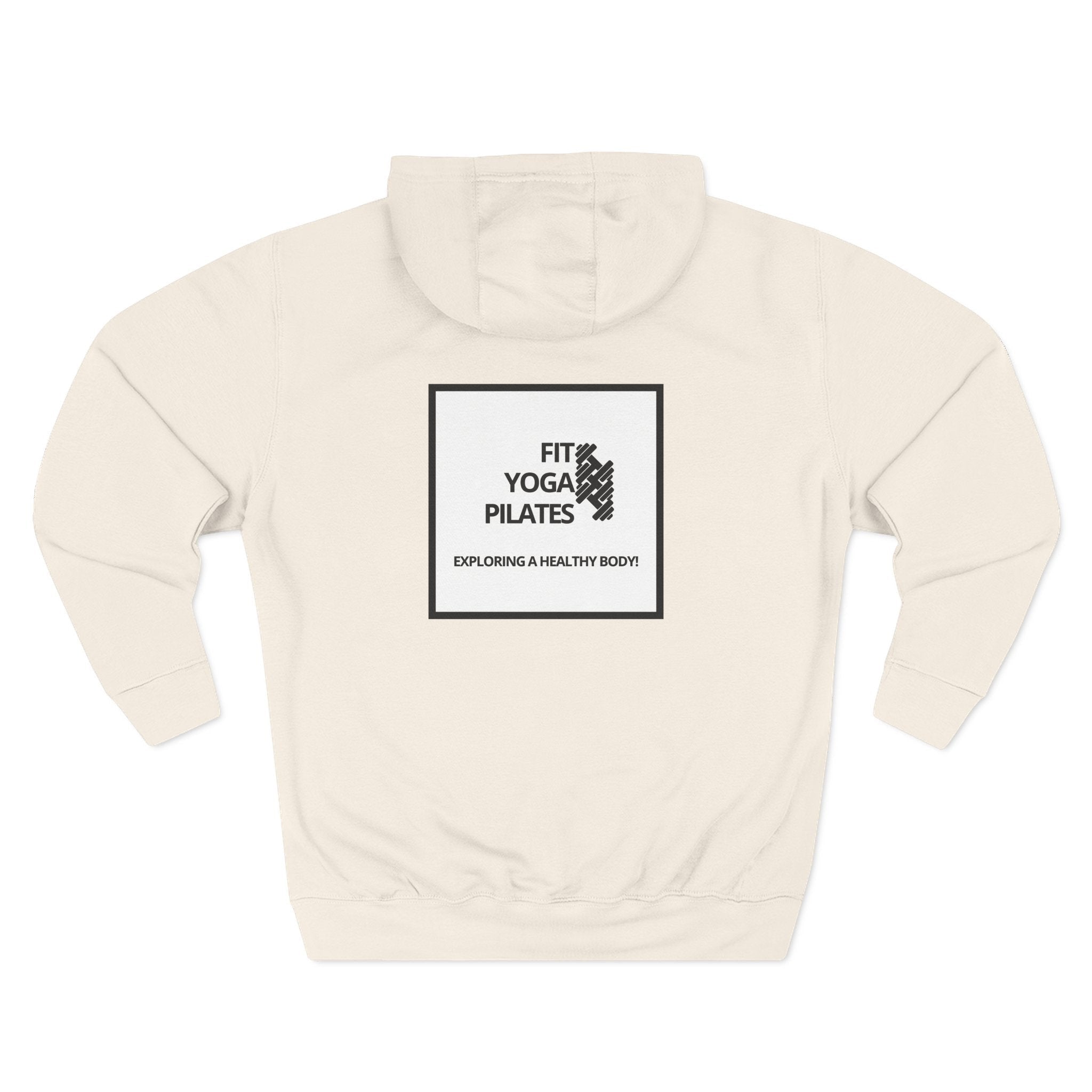 Pulse Fitne55 cream fleece pullover hoodie with 'Fit Yoga Pilates' graphic on back. Adjustable hood and kangaroo pocket.