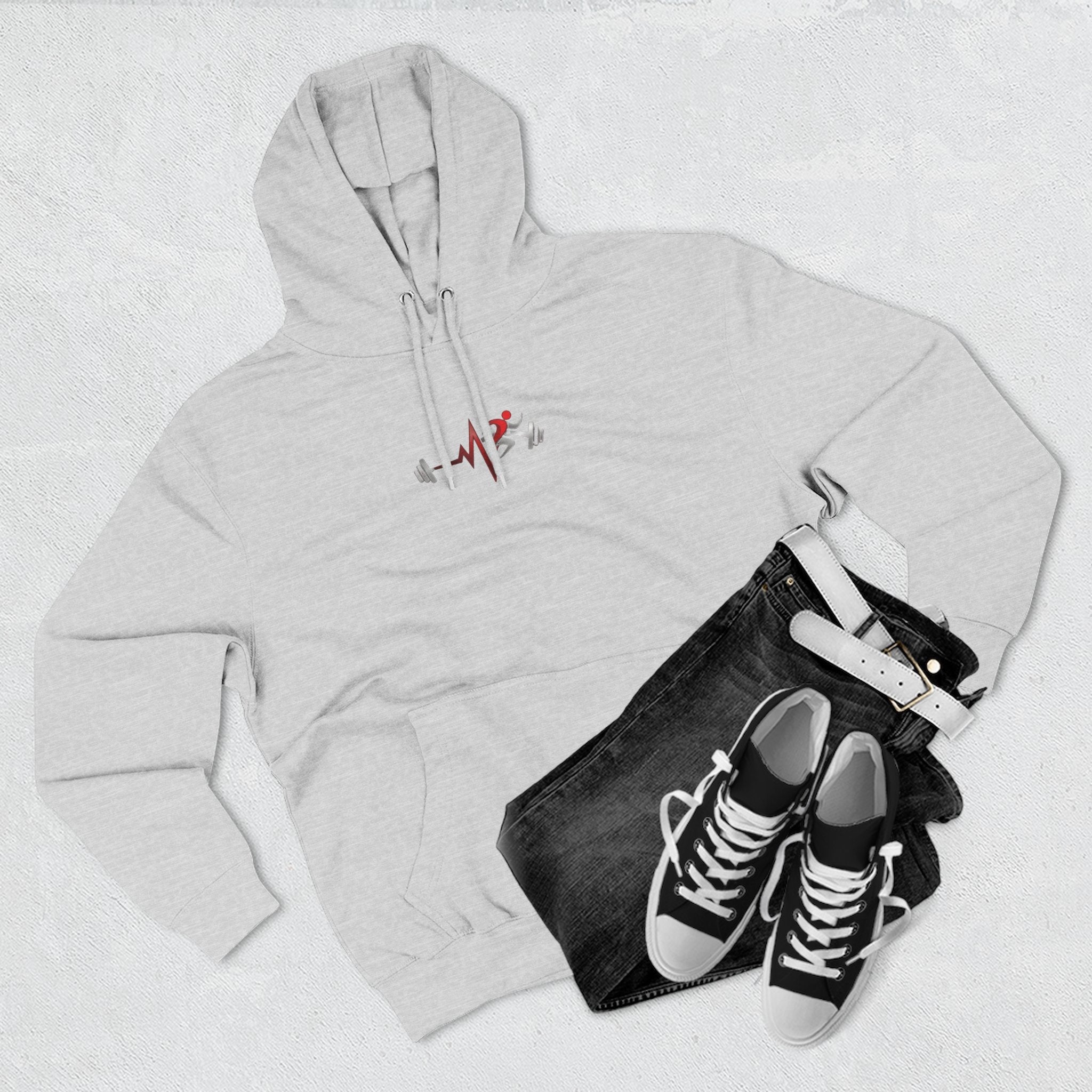 Pulse Fitne55 light grey fleece pullover hoodie with adjustable hood, kangaroo pocket, and embroidered chest graphic.