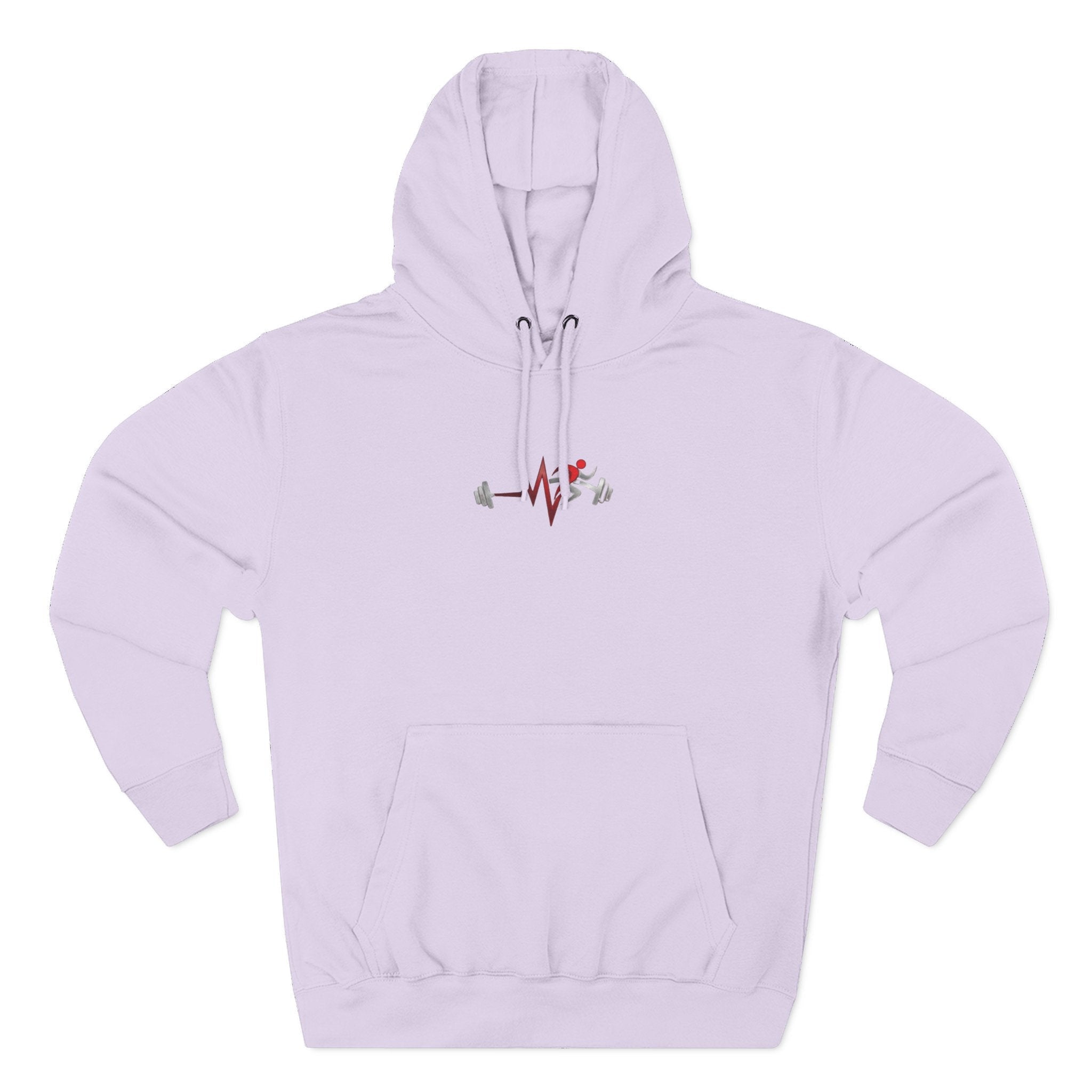 Pulse Fitne55 light purple fleece pullover hoodie with adjustable hood, kangaroo pocket, and embroidered fitness graphic on chest.
