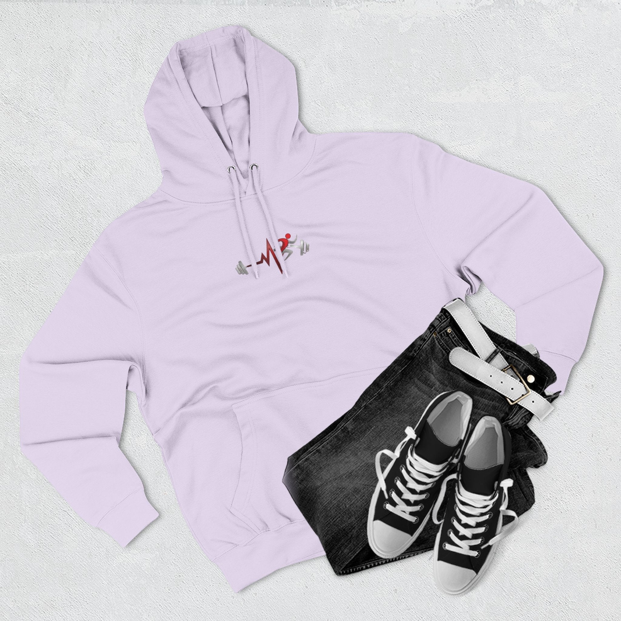 Pulse Fitne55 light purple fleece pullover hoodie with adjustable hood, kangaroo pocket, and chest graphic of a heartbeat with a runner and weights.