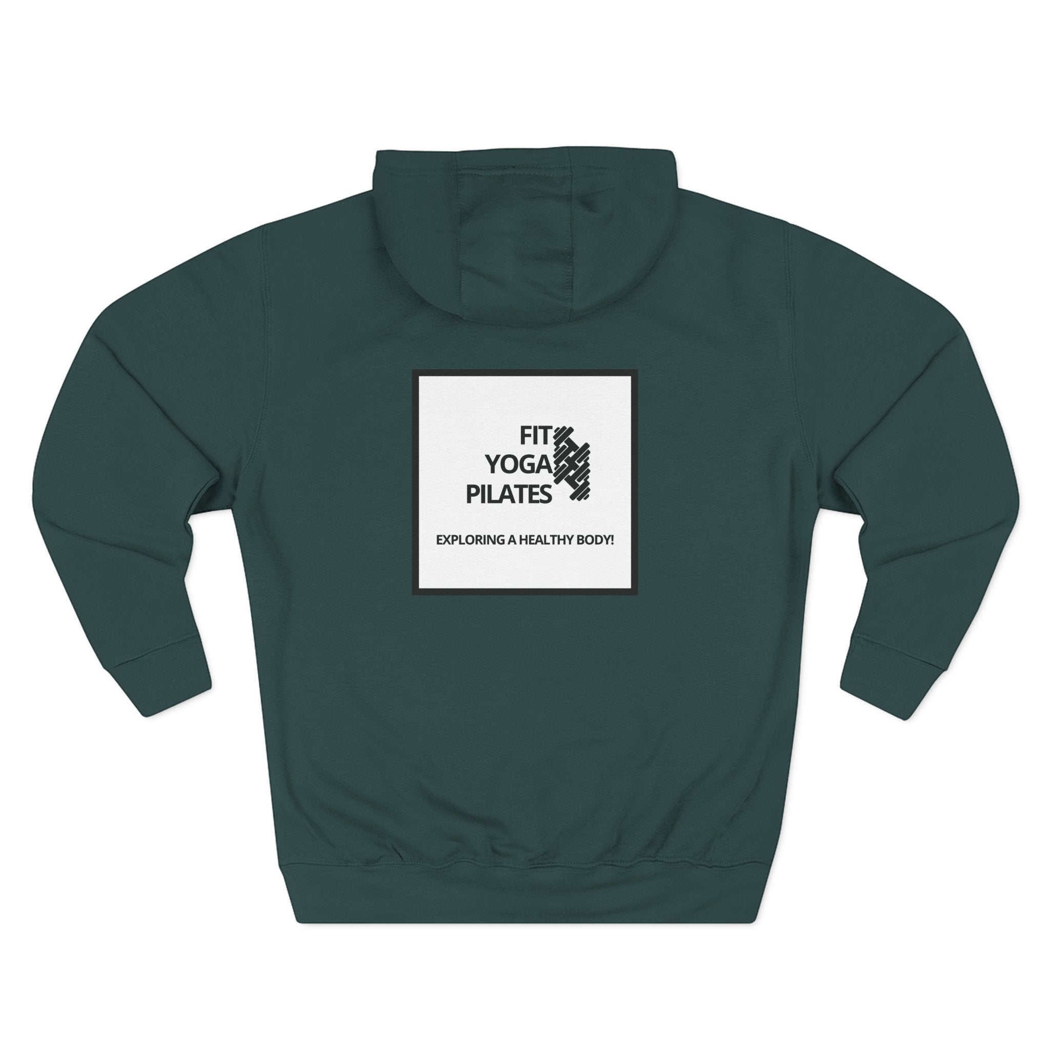 Pulse Fitne55 dark teal fleece pullover hoodie with 'Fit Yoga Pilates' graphic on back.