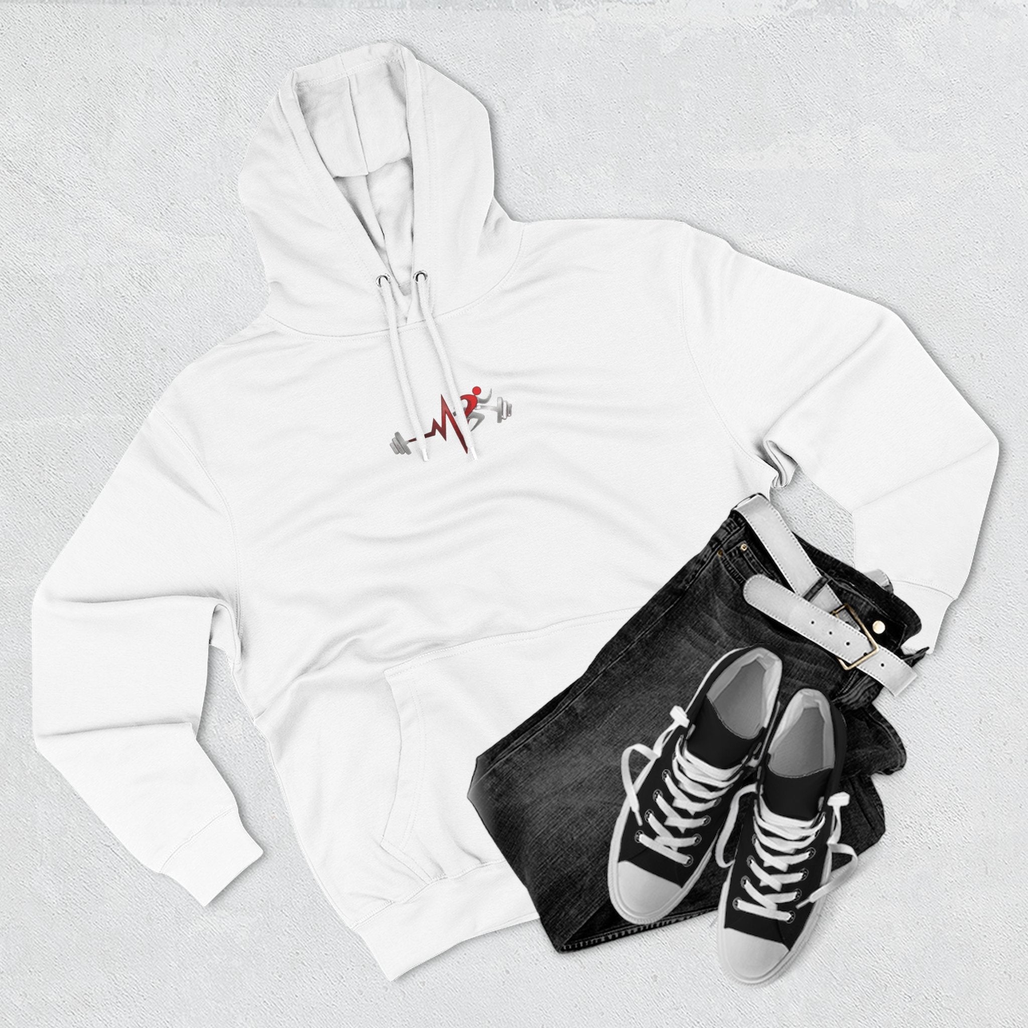 Pulse Fitne55 white fleece pullover hoodie with adjustable hood, kangaroo pocket, and fitness graphic on chest.