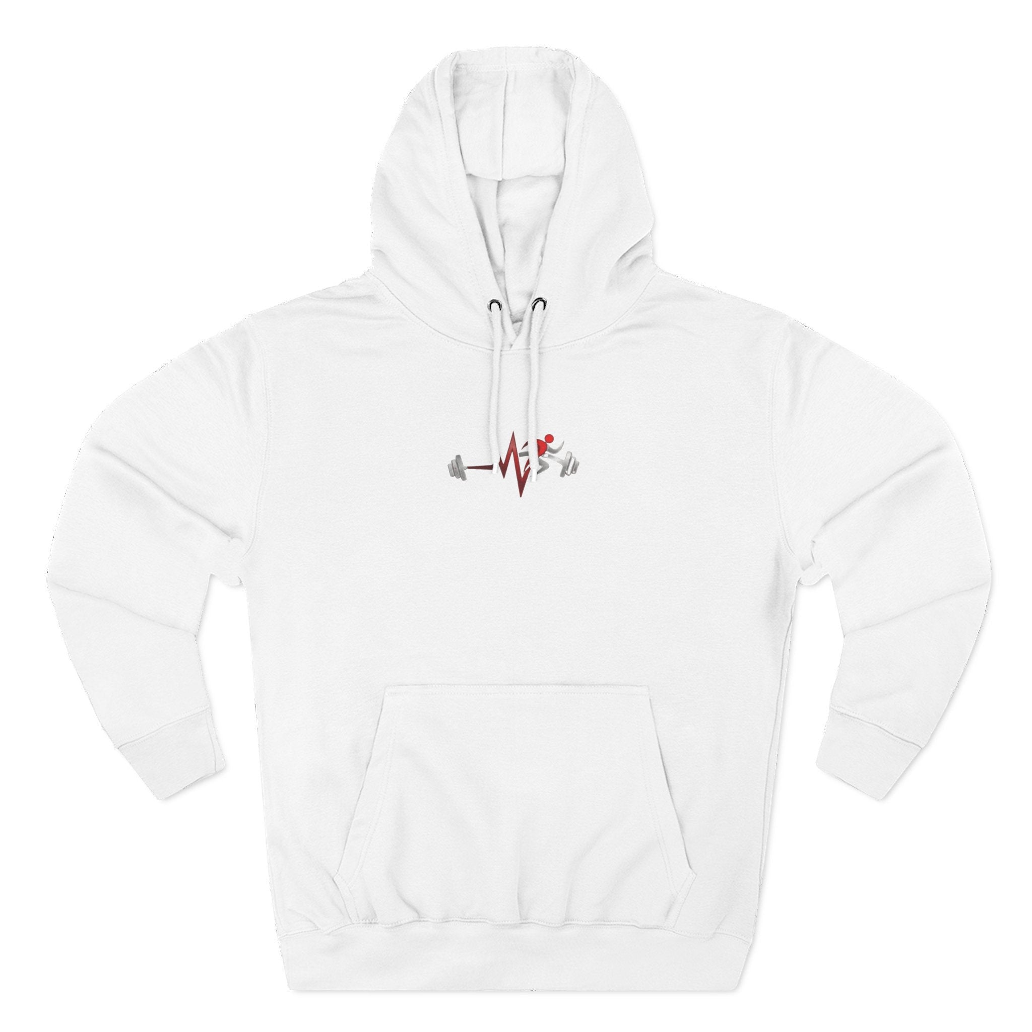 Pulse Fitne55 white fleece pullover hoodie with adjustable hood, kangaroo pocket, and fitness graphic.