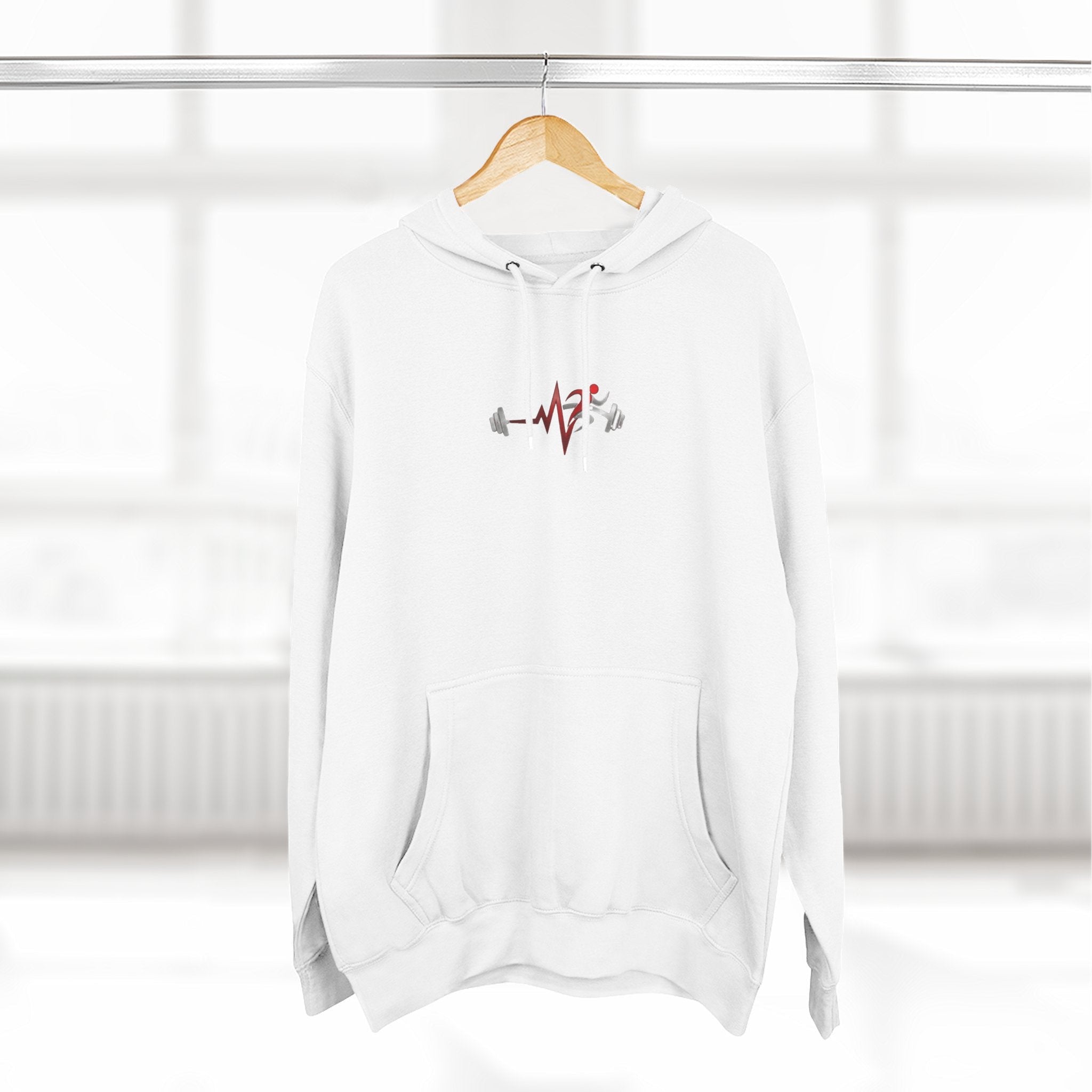 Pulse Fitne55 white fleece pullover hoodie with adjustable hood, kangaroo pocket, and chest graphic.