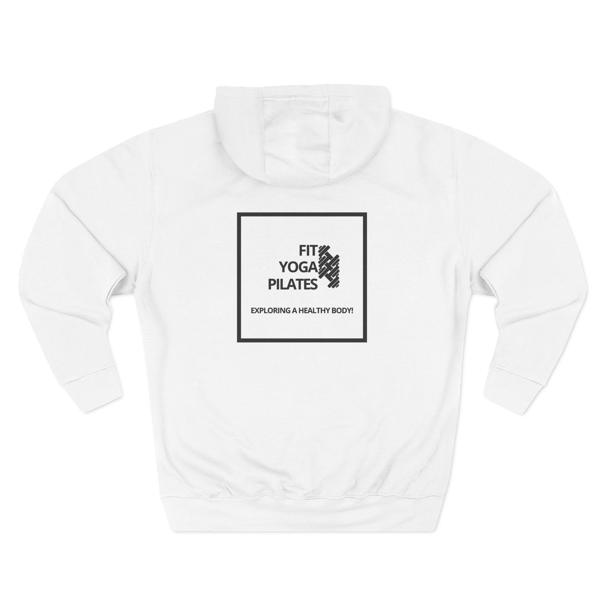 Pulse Fitne55 white fleece pullover hoodie with 'Fit Yoga Pilates' graphic on back. Adjustable hood and kangaroo pocket.